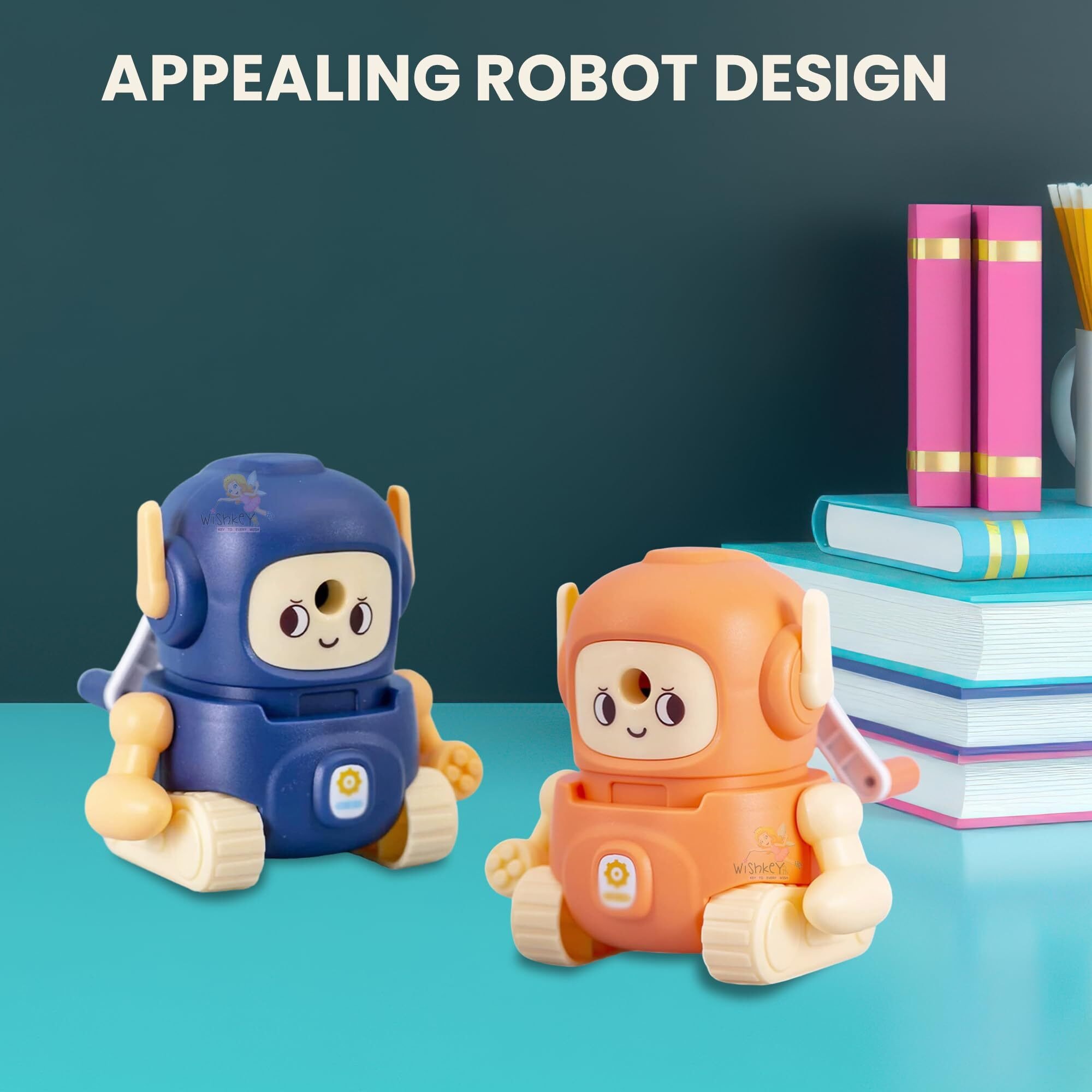 Wishkey Cute Cartoon Robot Design Pencil Sharpener For Kids, Cool Shape Pencil Cutter, Table Top Manual Pencil Sharpener, School Stationery Gift Set For Boys And Girls, Pack Of 1 (Assorted)