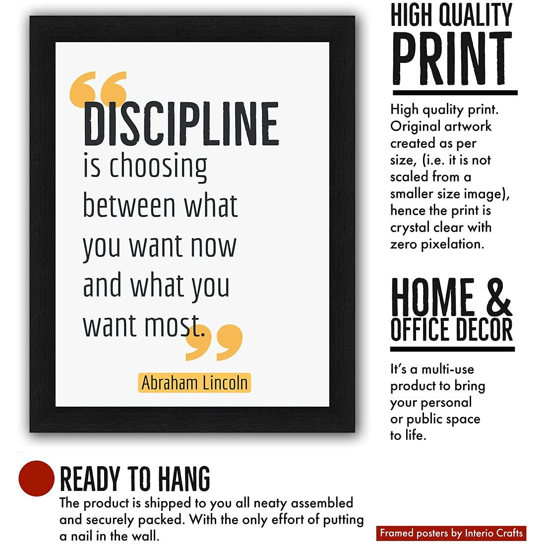 Interio Crafts Discipline Motivational Framed Poster For Office Wall Decor (Frame Size 13&quotX10" Inches,Material  Synthetic Wood)