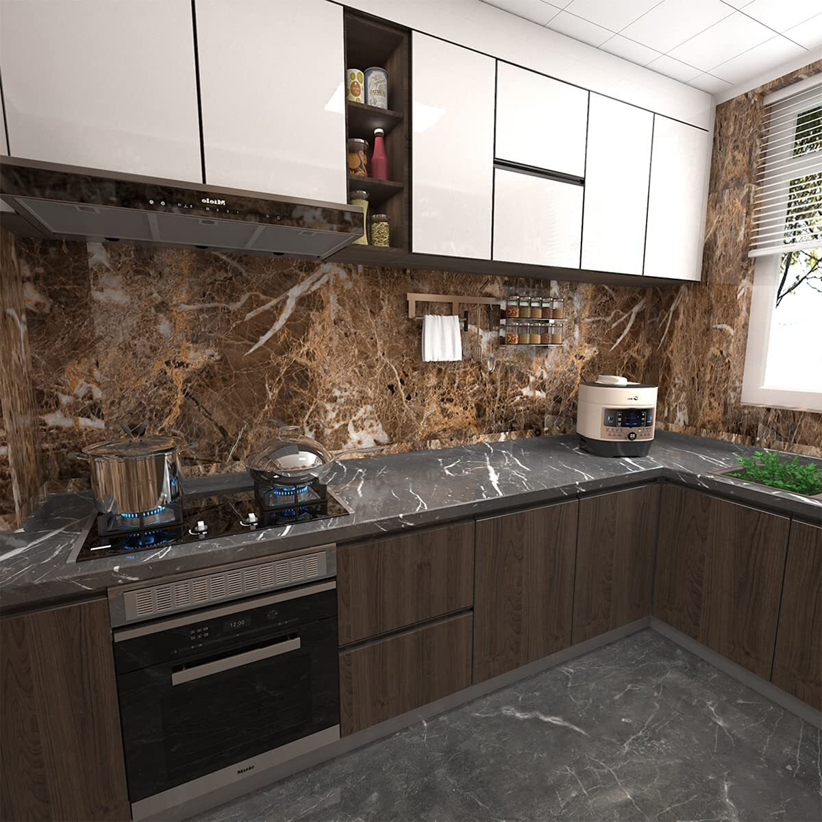 Nareval Marble Wallpaper For Wall Sticker For Kitchen Oil Proof Wall Sticker Kitchen Backs Plash Aluminum Foil Sticker Oil,Waterproof Self Adhesive Foil Paper (Size 60 * 200 Cm) (Dark Coffee H23)