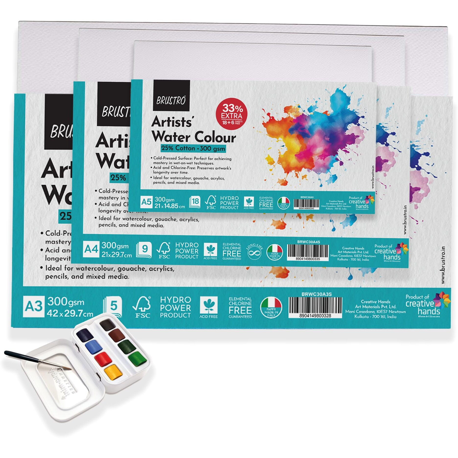 Brustro Watercolour Papers Cotton Cp 300 Gsm A5, A4 & A3 With Sennelier Aquarelle French Artists Watercolor Aqua-Mini Set - Metal Box Of 8 Half Pans