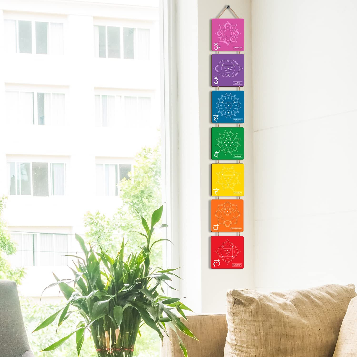 Paper Plane Design 7 Chakra Wooden Wall Hanging Healing Balance Hanging For Home Decor - Large