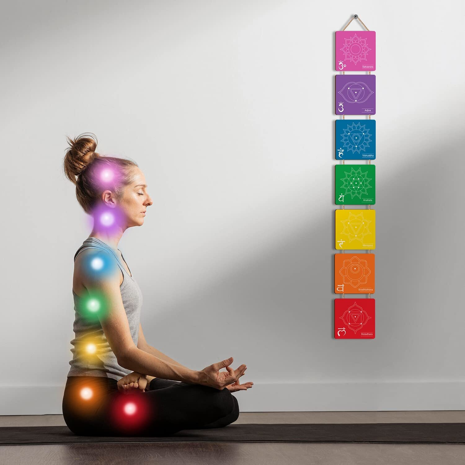 Paper Plane Design 7 Chakra Wooden Wall Hanging Healing Balance Hanging For Home Decor - Large