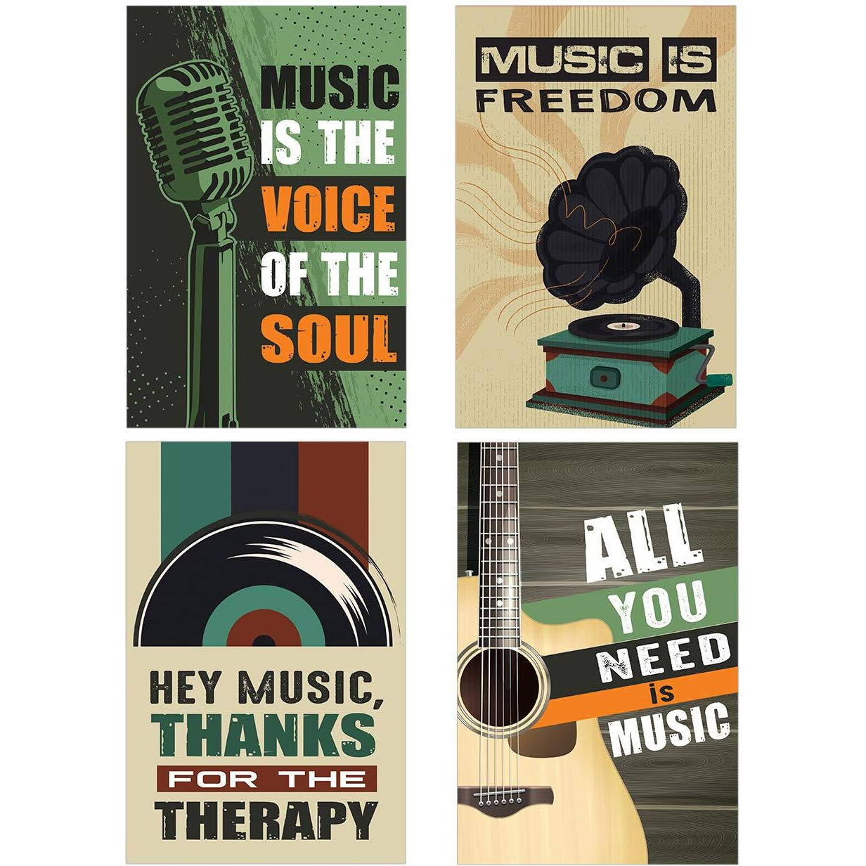 Chaka Chaundh - Vintage Music Poster Set Of 4 - Olive Green - 18 Inches X 12 Inches - Wall Art - Music Posters For Bedroom, Living Room, Study Home, Office, College