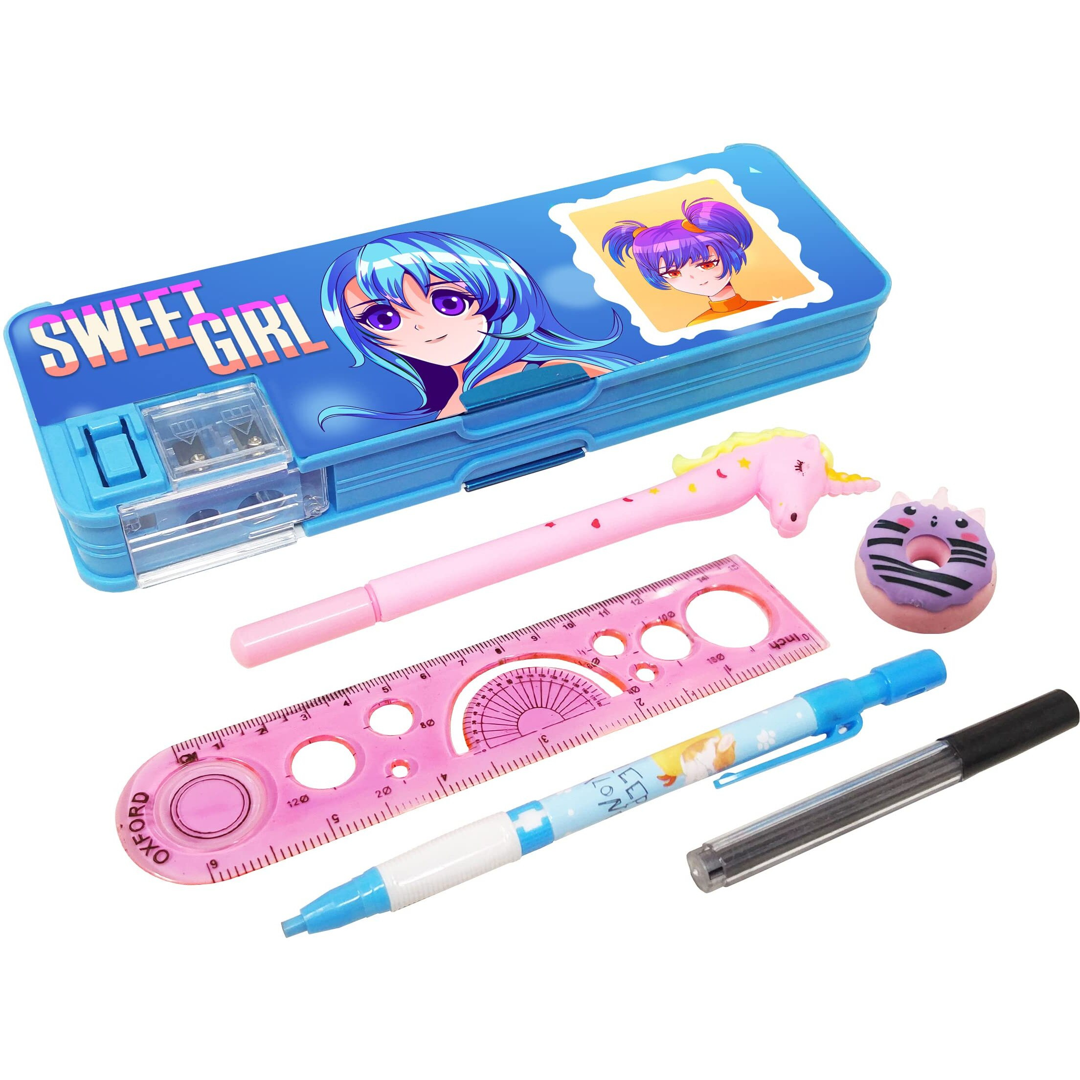 Parteet Stationery Combo Of 1 Plastic Pink Pencil Box With Calculator,1 Unicorn Pen ,1 Lead Pencil With Extra Leads,1 Eraser&1 Scale (Combo Blue Girl Pencil Box With Stationary)