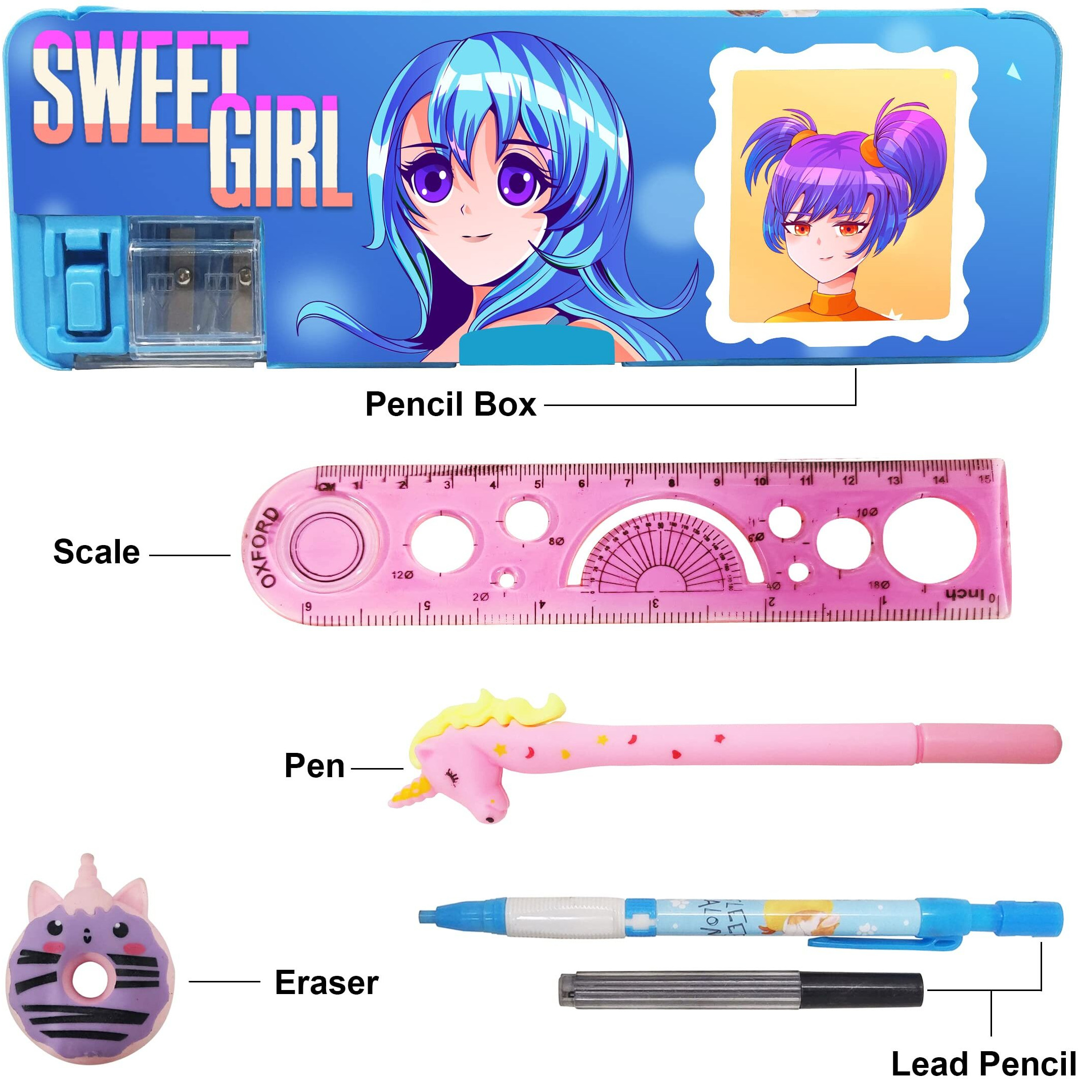 Parteet Stationery Combo Of 1 Plastic Pink Pencil Box With Calculator,1 Unicorn Pen ,1 Lead Pencil With Extra Leads,1 Eraser&1 Scale (Combo Blue Girl Pencil Box With Stationary)