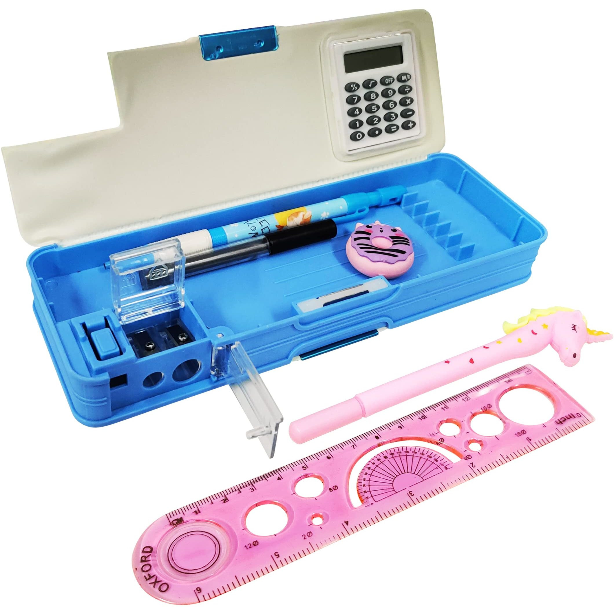 Parteet Stationery Combo Of 1 Plastic Pink Pencil Box With Calculator,1 Unicorn Pen ,1 Lead Pencil With Extra Leads,1 Eraser&1 Scale (Combo Blue Girl Pencil Box With Stationary)