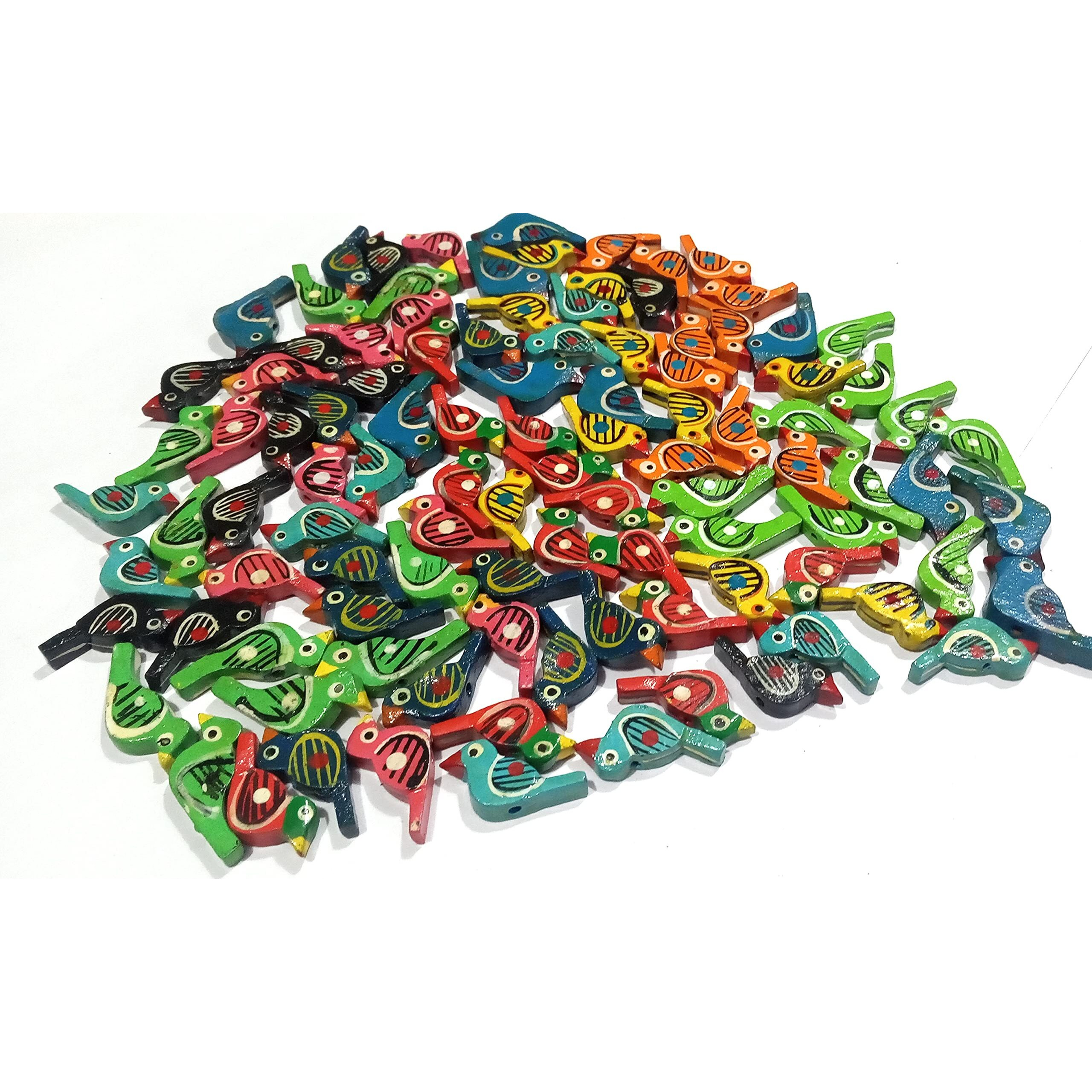 Omx Wooden Birds Beads Multicolored 1X 0.55 Inch For Jewellery Making, Beading, Art And Crafts And Craft Work, Pack Of 80 Pcs. (Multi Colur)