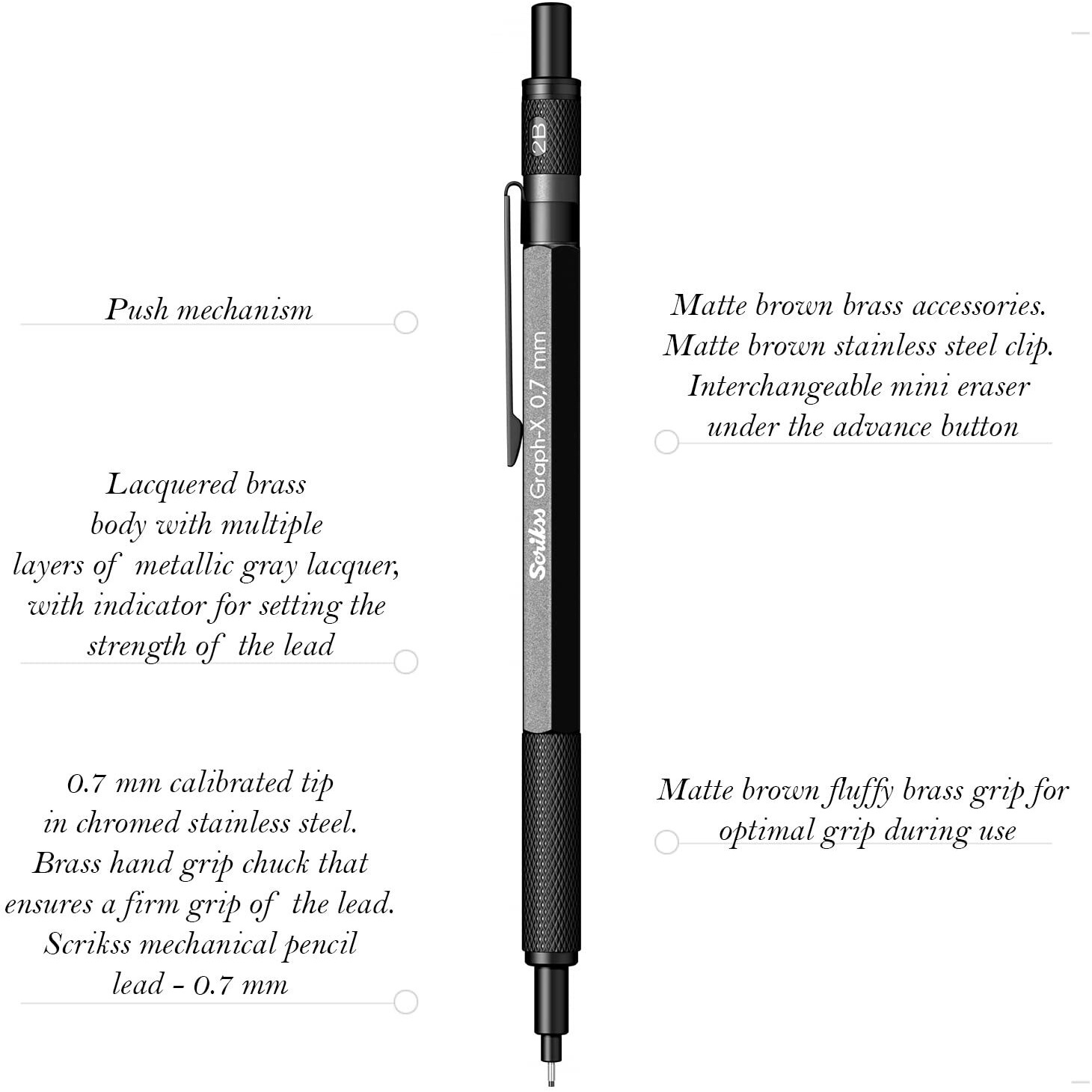 Scrikss 0.7Mm Mechanical Clutch Lead Pen Pencil Dark Grey Brass Body Push Mechanism Graph-X Series Eraser Included