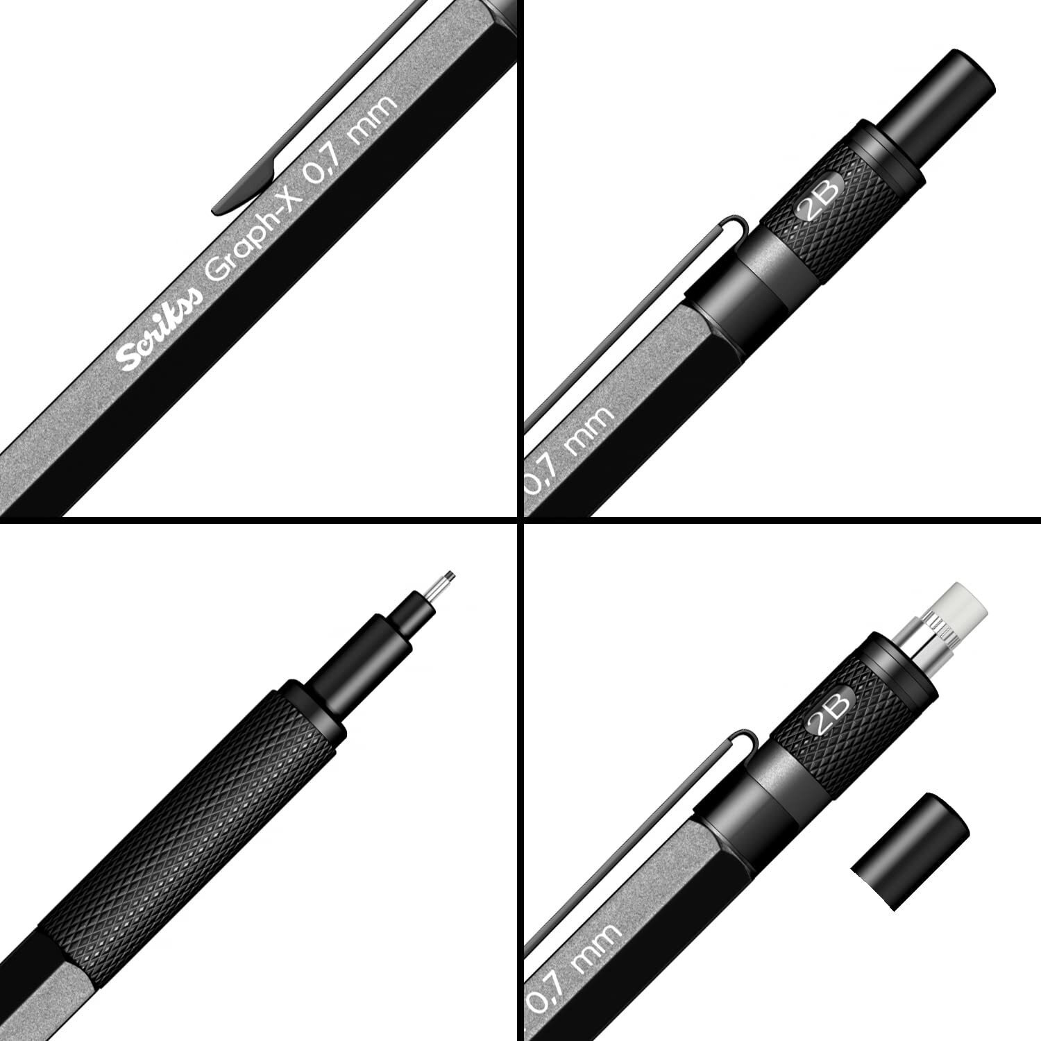Scrikss 0.7Mm Mechanical Clutch Lead Pen Pencil Dark Grey Brass Body Push Mechanism Graph-X Series Eraser Included