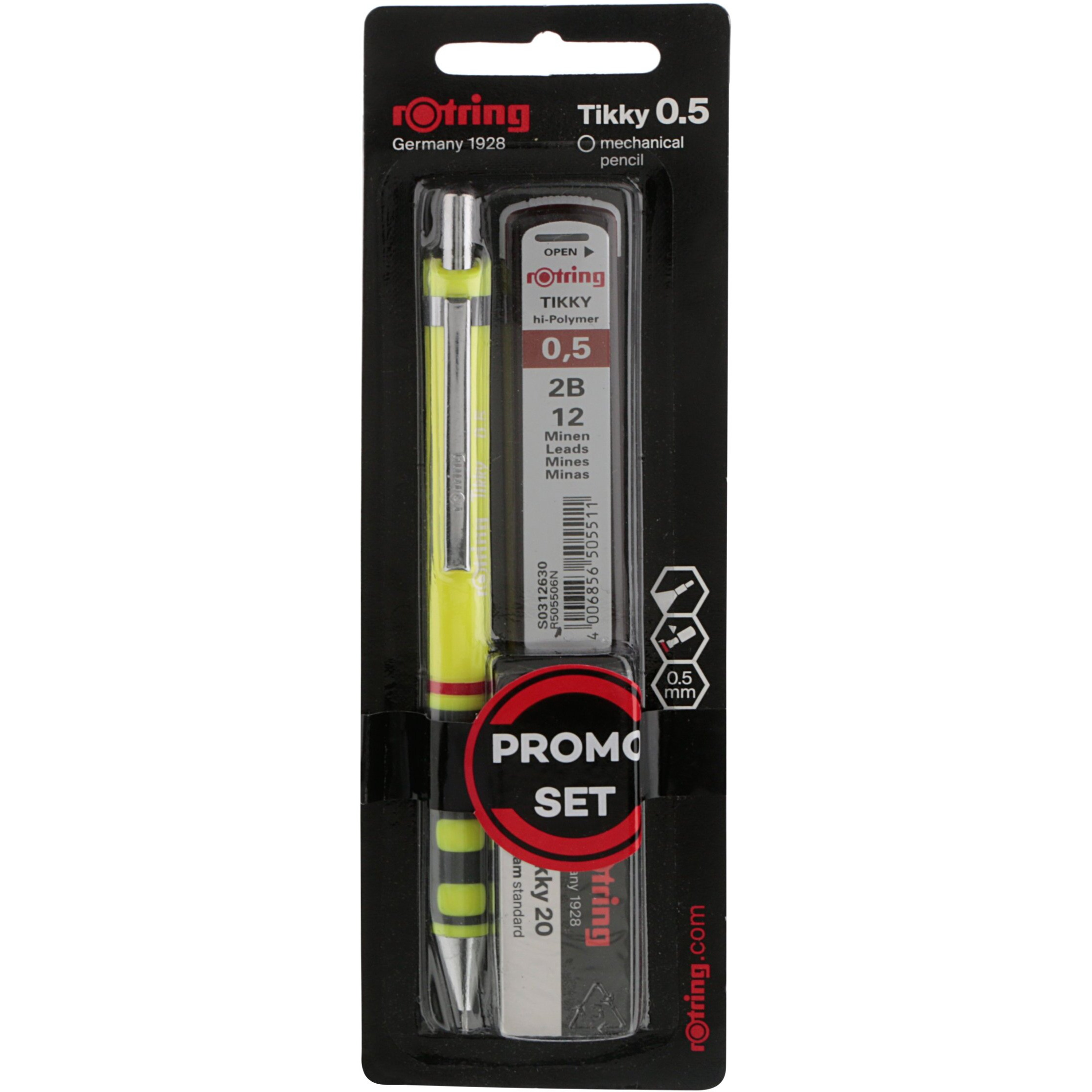 Rotring 0.5Mm Mechanical Lead Pen Pencil + 12 Replacement Leads + Eraser Set Yellow Plastic Body Triangular Barrel Tikky Series Click Mechanism Rubberized Grip Promo Pencil Set