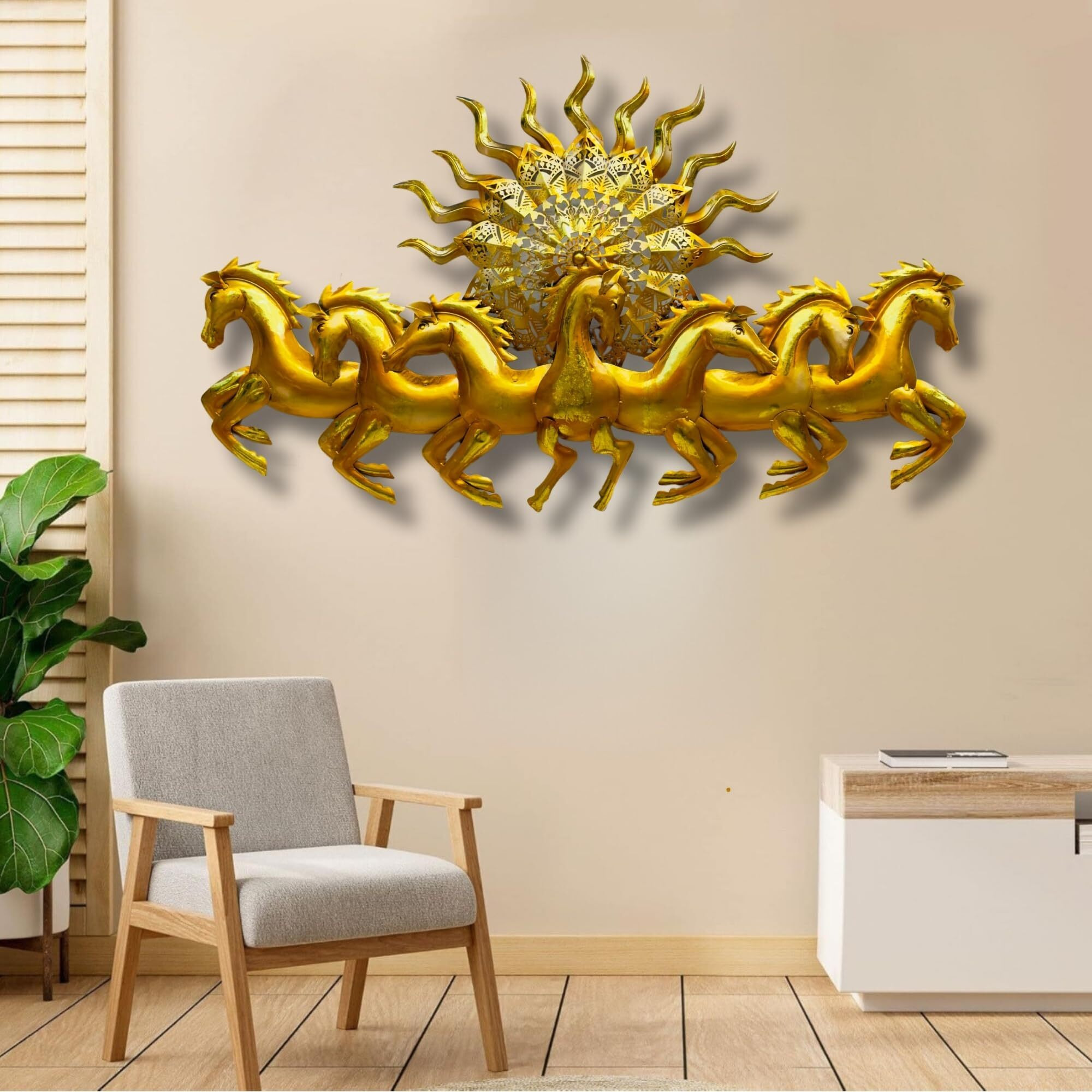 Anshika International Metal Gold 7 Running Horses With Sun Metal Wall Decor, With Led Light For Living Room, Drawing Room, And Office Decor-Size-50X2X26 Inch