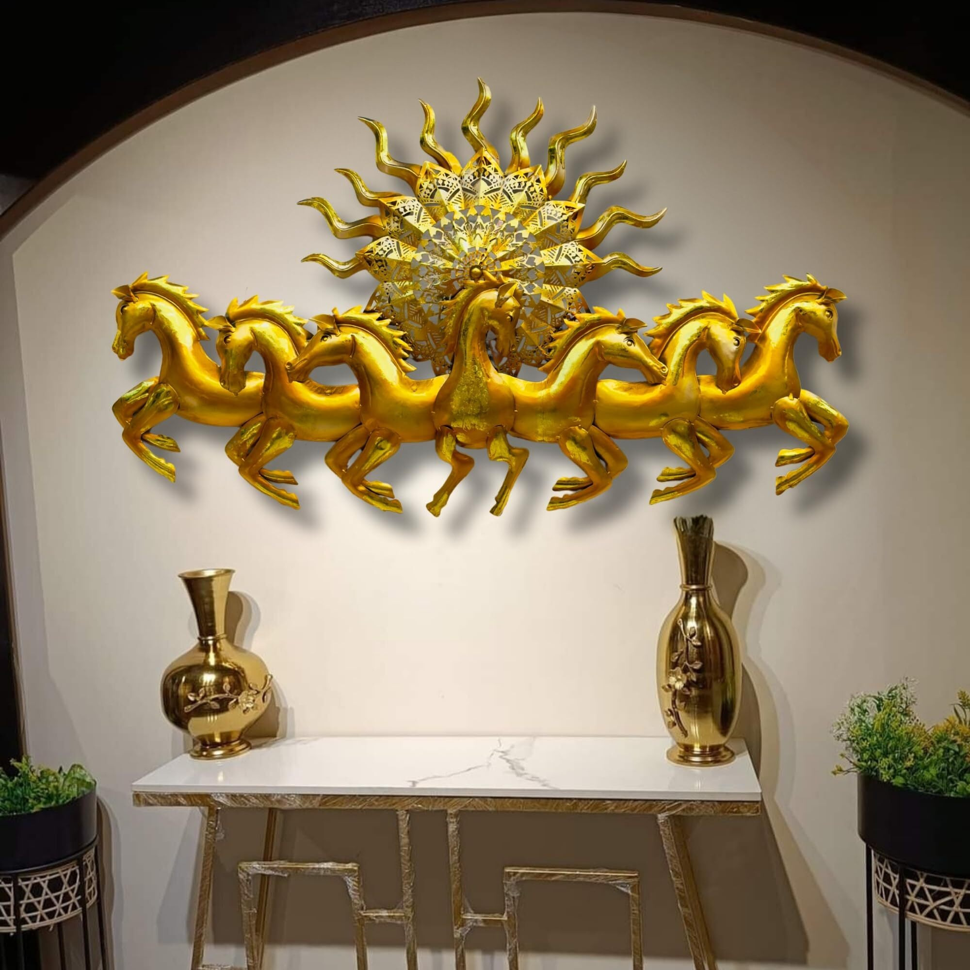 Anshika International Metal Gold 7 Running Horses With Sun Metal Wall Decor, With Led Light For Living Room, Drawing Room, And Office Decor-Size-50X2X26 Inch