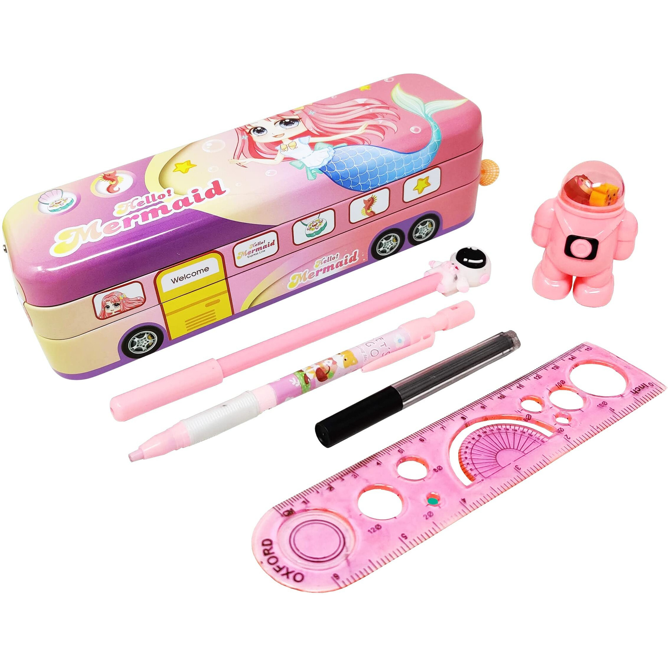 Parteet Combo (Pack Of 5 Items) 1 Unicorn School Bus Metal Pencil Box,1 Astronaut Gel Pen,1 Lead Pencil With Extra Leads,1 (2In1 Astronaut Eraser & Sharpner),1 Scale For Kids (Colour Assorted, Pink)