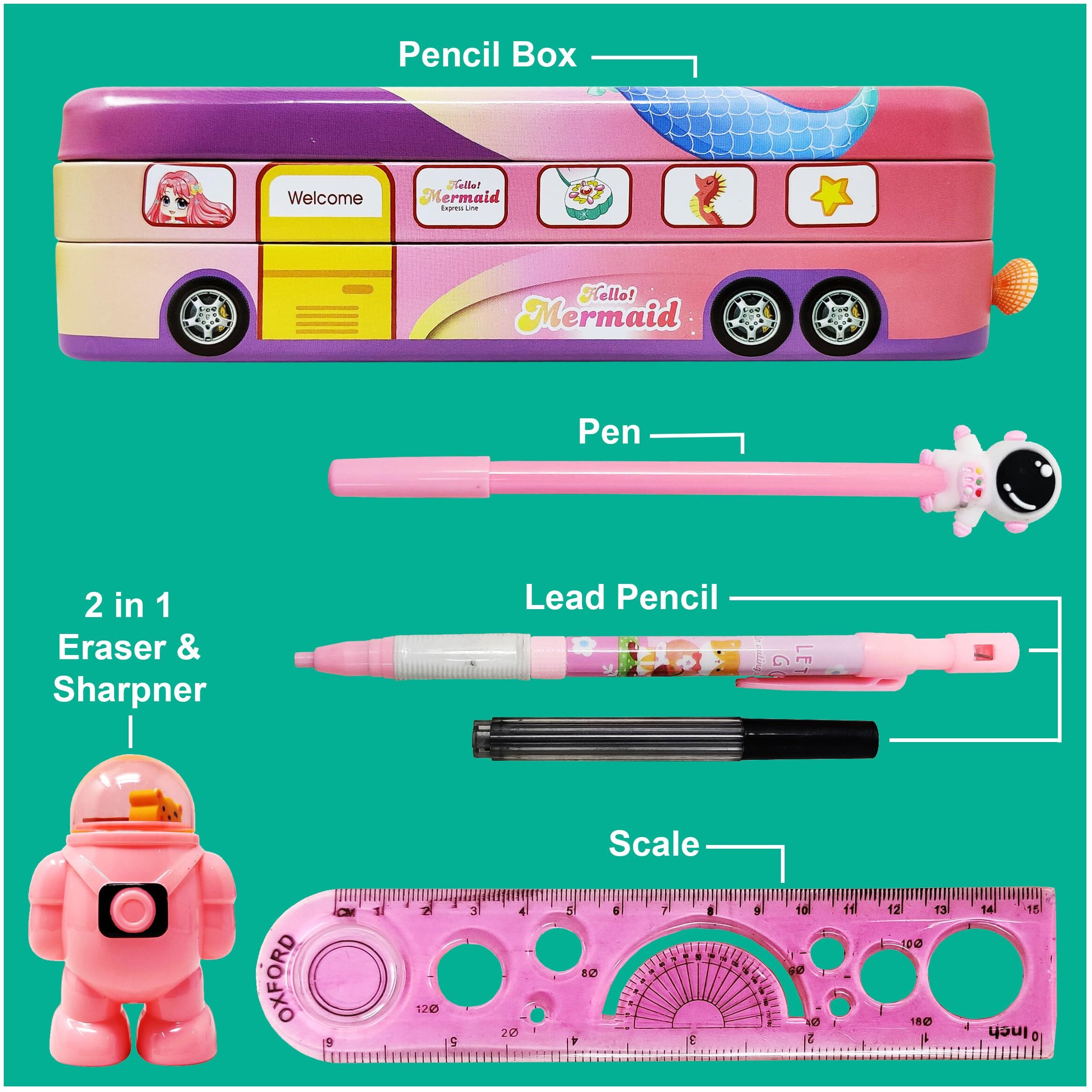 Parteet Combo (Pack Of 5 Items) 1 Unicorn School Bus Metal Pencil Box,1 Astronaut Gel Pen,1 Lead Pencil With Extra Leads,1 (2In1 Astronaut Eraser & Sharpner),1 Scale For Kids (Colour Assorted, Pink)