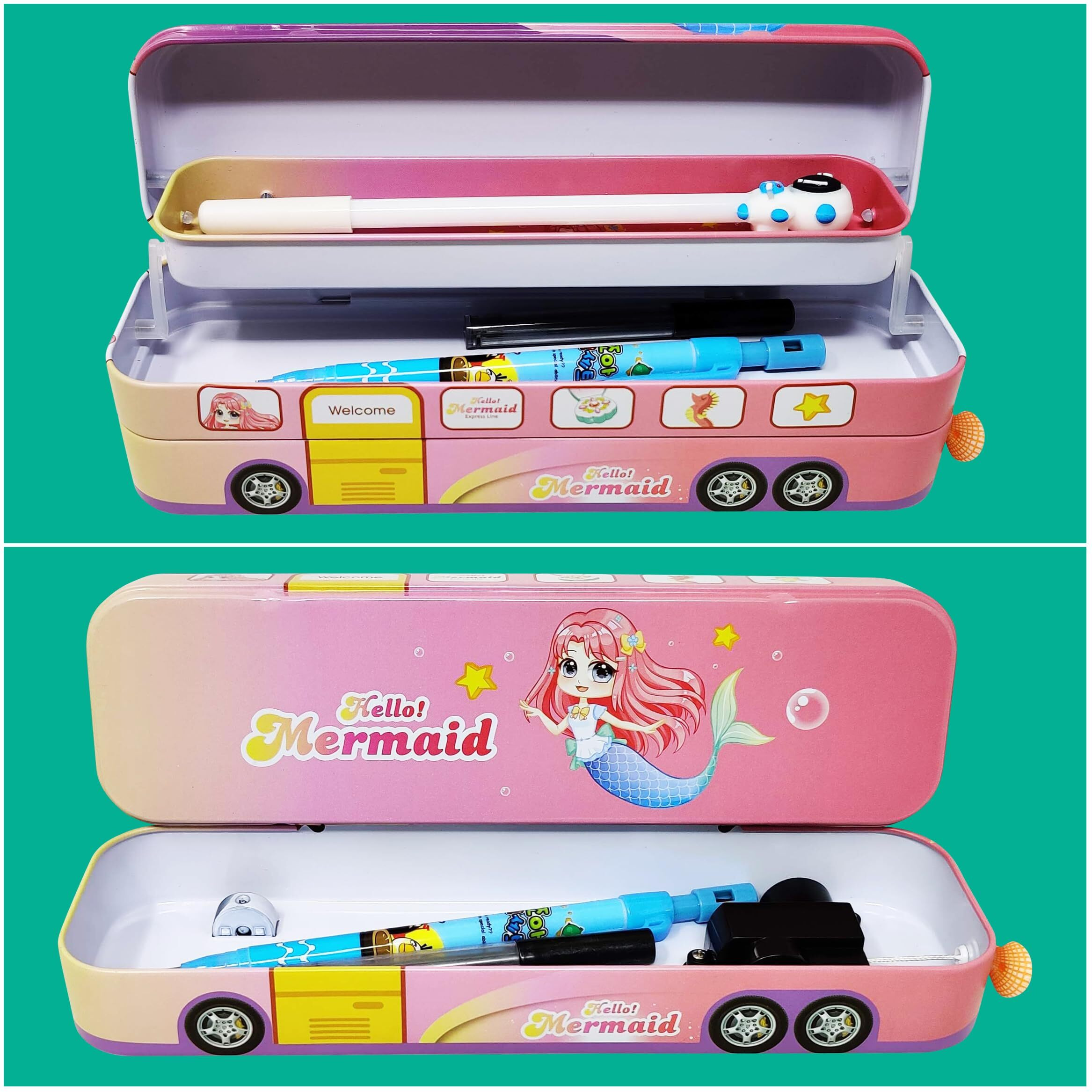 Parteet Combo (Pack Of 5 Items) 1 Unicorn School Bus Metal Pencil Box,1 Astronaut Gel Pen,1 Lead Pencil With Extra Leads,1 (2In1 Astronaut Eraser & Sharpner),1 Scale For Kids (Colour Assorted, Pink)