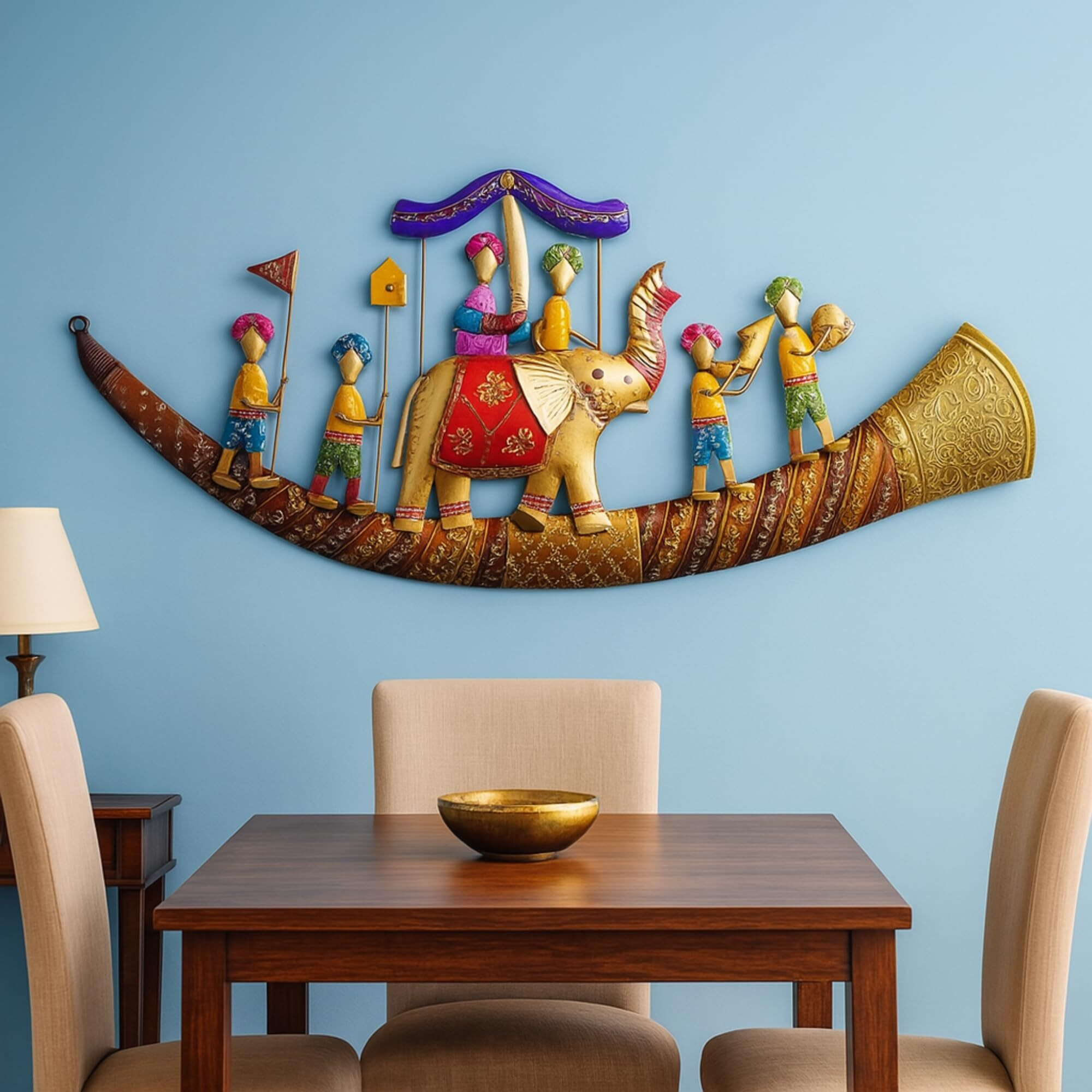 Rsn Wrought Iron Metal Rajasthani Royal Hathi Baarat Wall Hanging Showpiece For Home Decor/Wall Sculpture For Living Room With Led Size-46X19 Inches