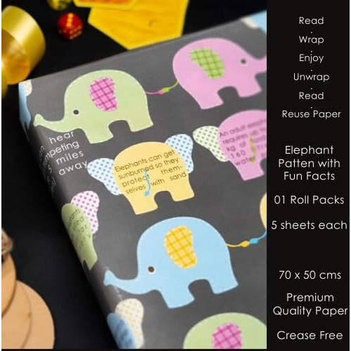 Evince Pack Of 5 Premium Gift Wrapping Sheets | Animal  Elephant Theme Gift Wrap Paper For Kids Birthday & Party | 70 X 50 Cm Large Sheets | Ideal For Rakhi, Diwali, Xmas, Return Gifts