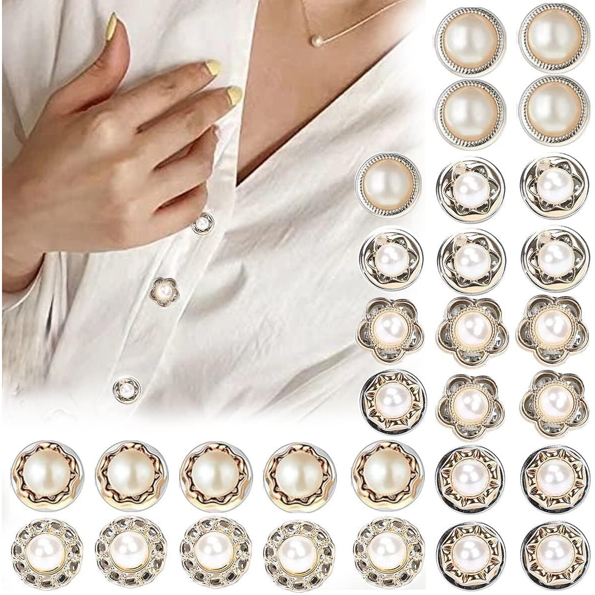 Mgnlr 6 Styles Women Shirt Brooch Buttons Cover Up Button Pearl Safety Brooch Pins Button For Clothing Dress Supplies Clothing Bags Accessories Supplies Diy Crafts (30 Pcs)