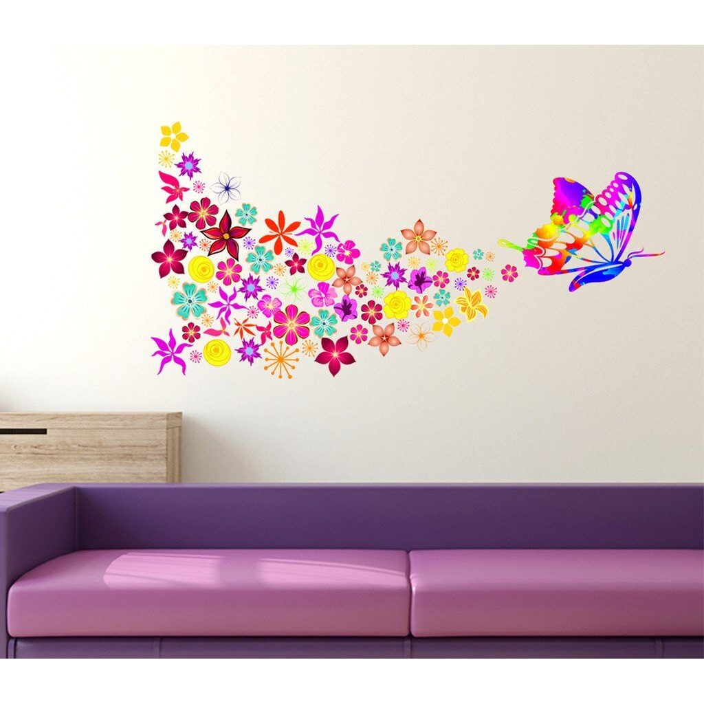 Decals Design 'Butterfly With Colorful Flowers Blowing' Wall Sticker (Pvc Vinyl, 70 Cm X 50 Cm, Multicolour)