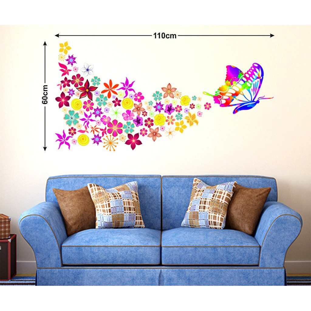 Decals Design 'Butterfly With Colorful Flowers Blowing' Wall Sticker (Pvc Vinyl, 70 Cm X 50 Cm, Multicolour)