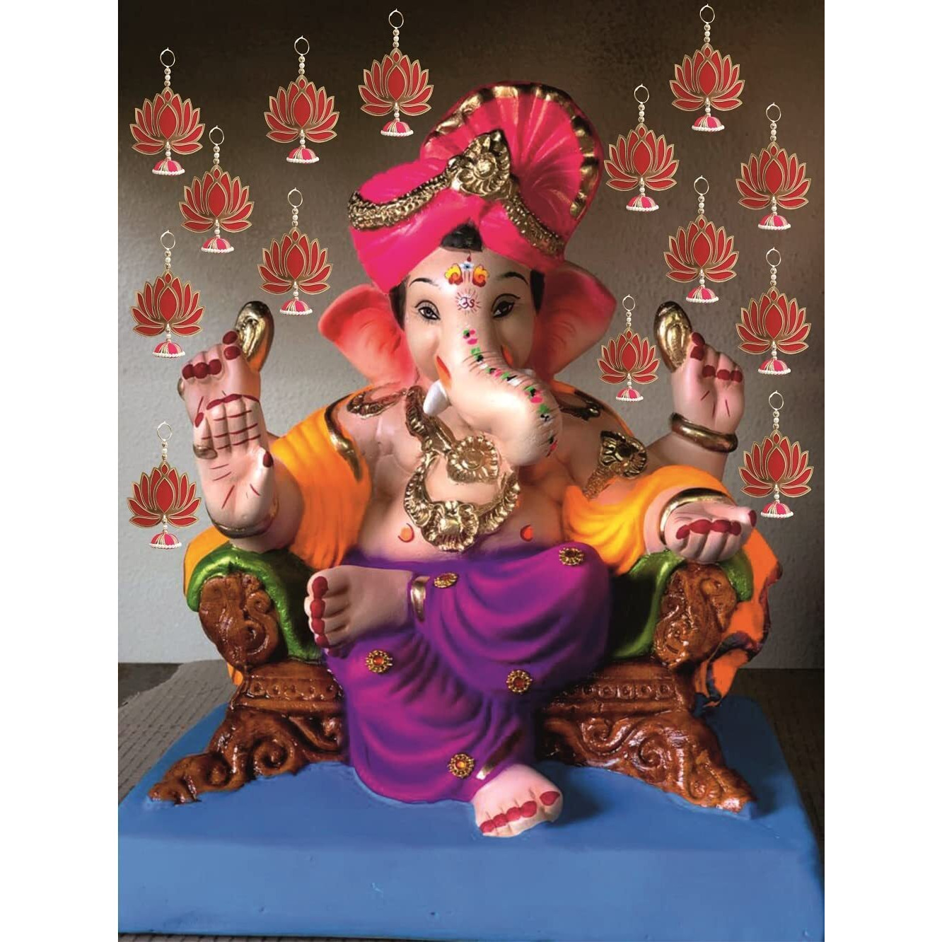 Abhsant Lotus Hangings For Decoration Floral Wall Hangings For Temple Decor Showpiece For Home Decor (4, Lotus Jumkha - Red)