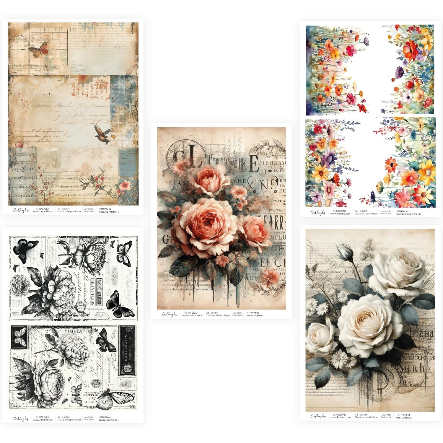 Craftangles Decoupage Napkin / Tissue / Collage Paper - Combo 19 (Pack Of 5)