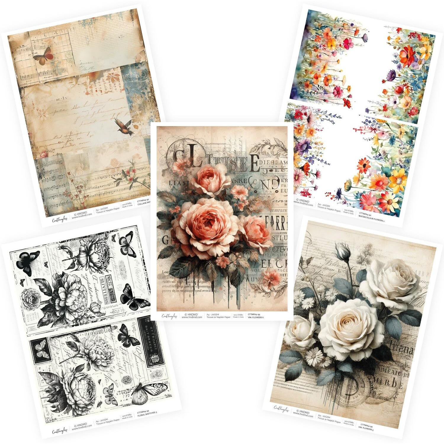 Craftangles Decoupage Napkin / Tissue / Collage Paper - Combo 19 (Pack Of 5)