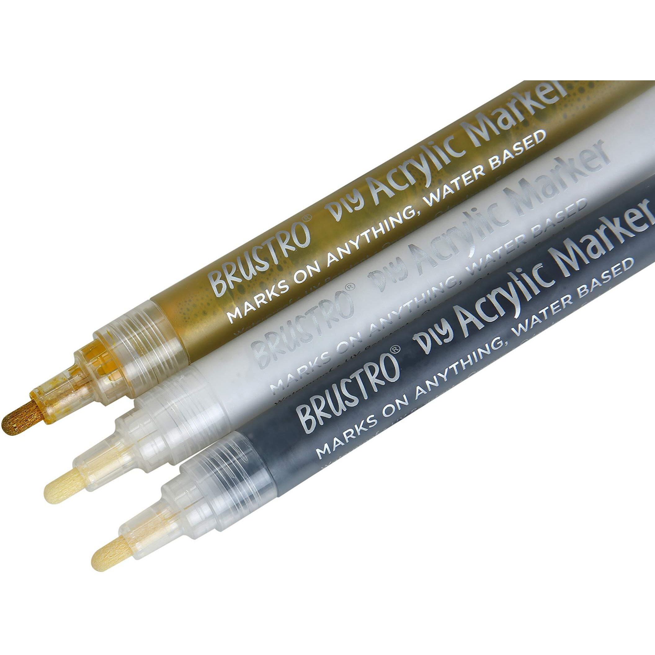 Brustro Acrylic (Diy) Marker Set Of 3 - Black, White & Gold |Tip Size - 2Mm, Water-Resistant,Matte Finish,Uv Resistant,Non-Toxic Colours|Ideal For Craftworks, Works On Glass & Plastic, School Projects