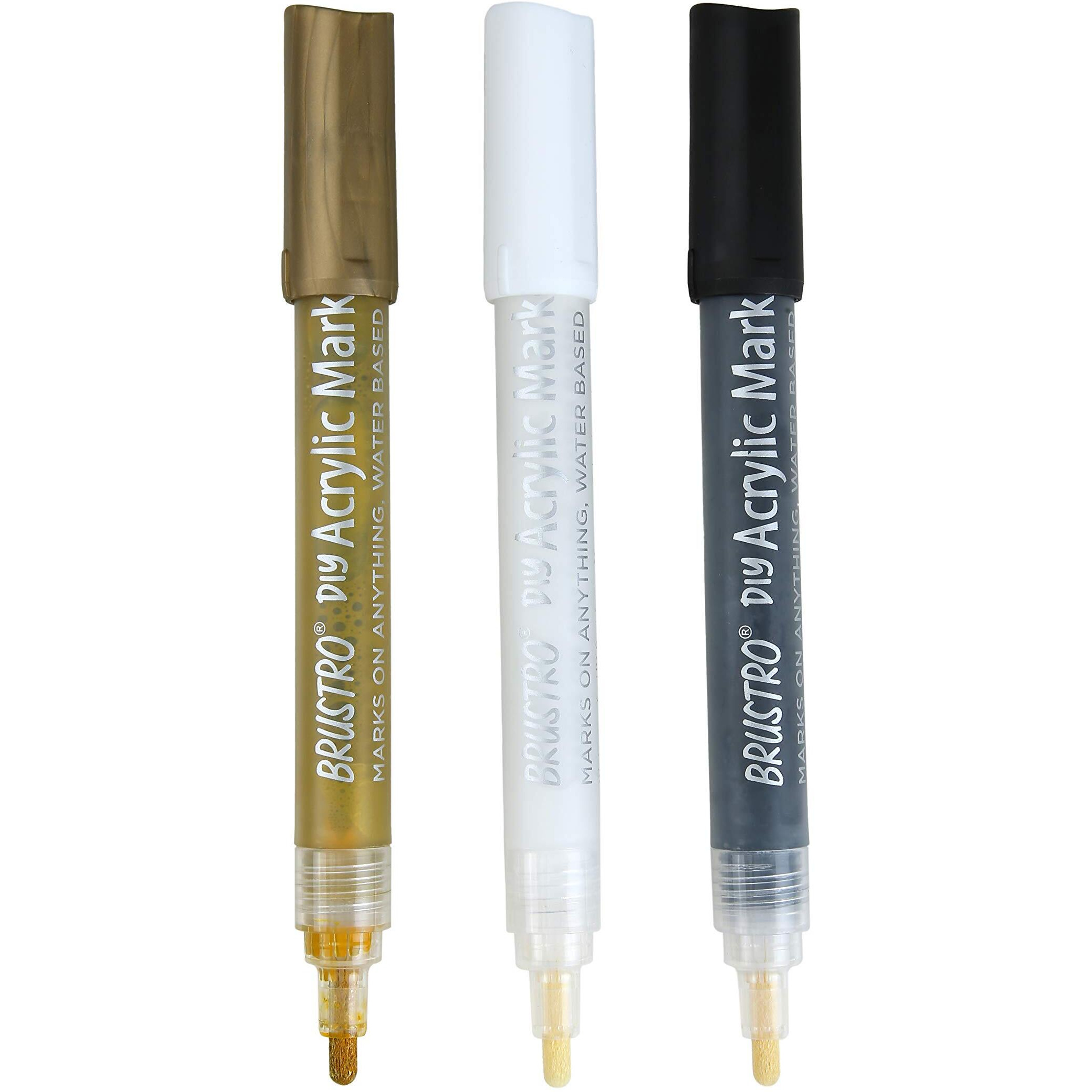 Brustro Acrylic (Diy) Marker Set Of 3 - Black, White & Gold |Tip Size - 2Mm, Water-Resistant,Matte Finish,Uv Resistant,Non-Toxic Colours|Ideal For Craftworks, Works On Glass & Plastic, School Projects