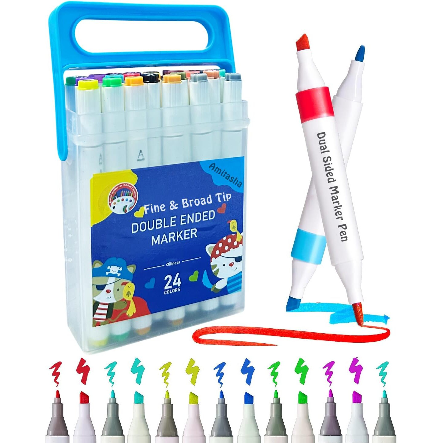 Amitasha 24 Colors Dual Tip Art Marker Set Fine & Chisel Tip Sketching Drawing Markers Animation Calligraphy For Adults Kids Educational Gift