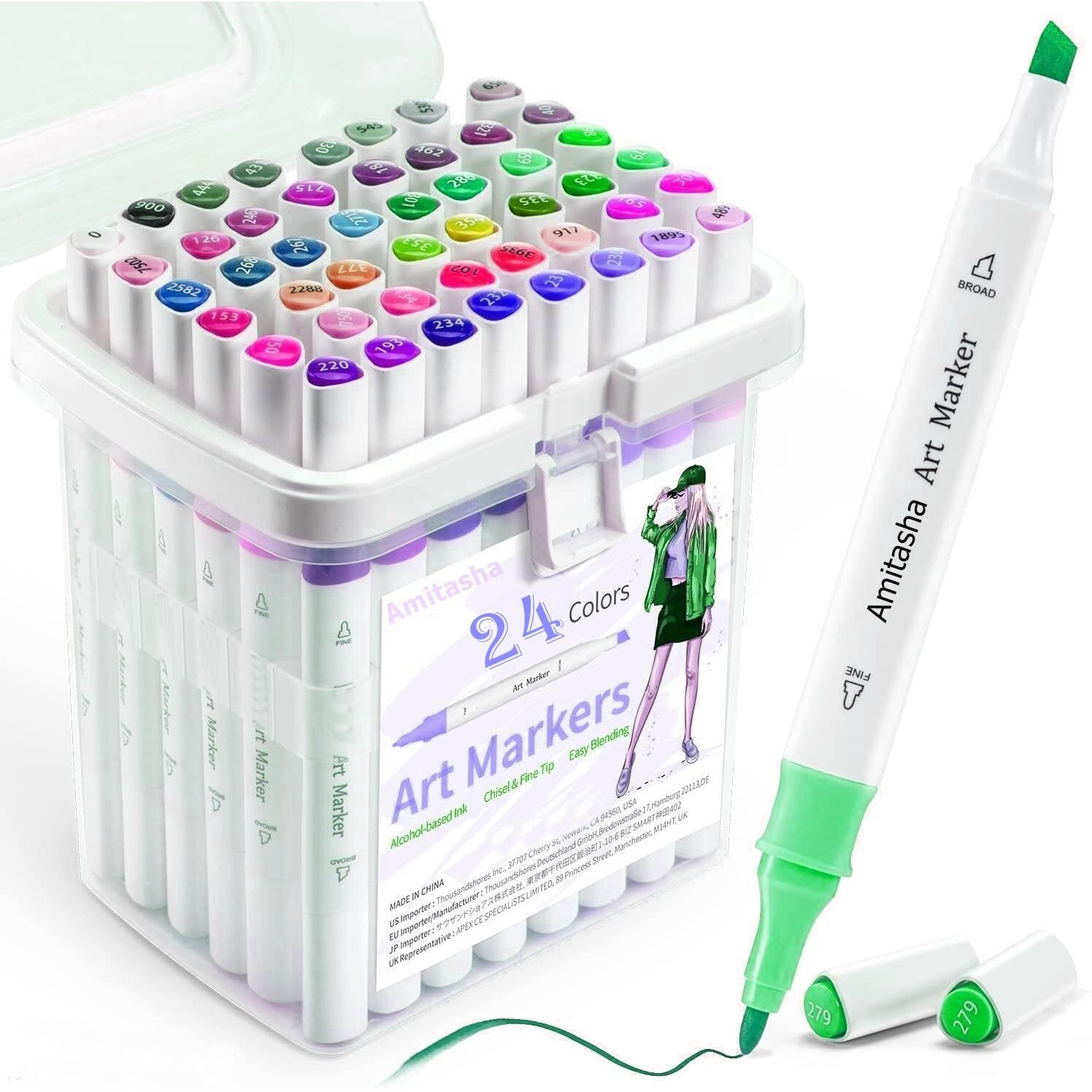 Amitasha 24 Colors Dual Tip Art Marker Set Fine & Chisel Tip Sketching Drawing Markers Animation Calligraphy For Adults Kids Educational Gift