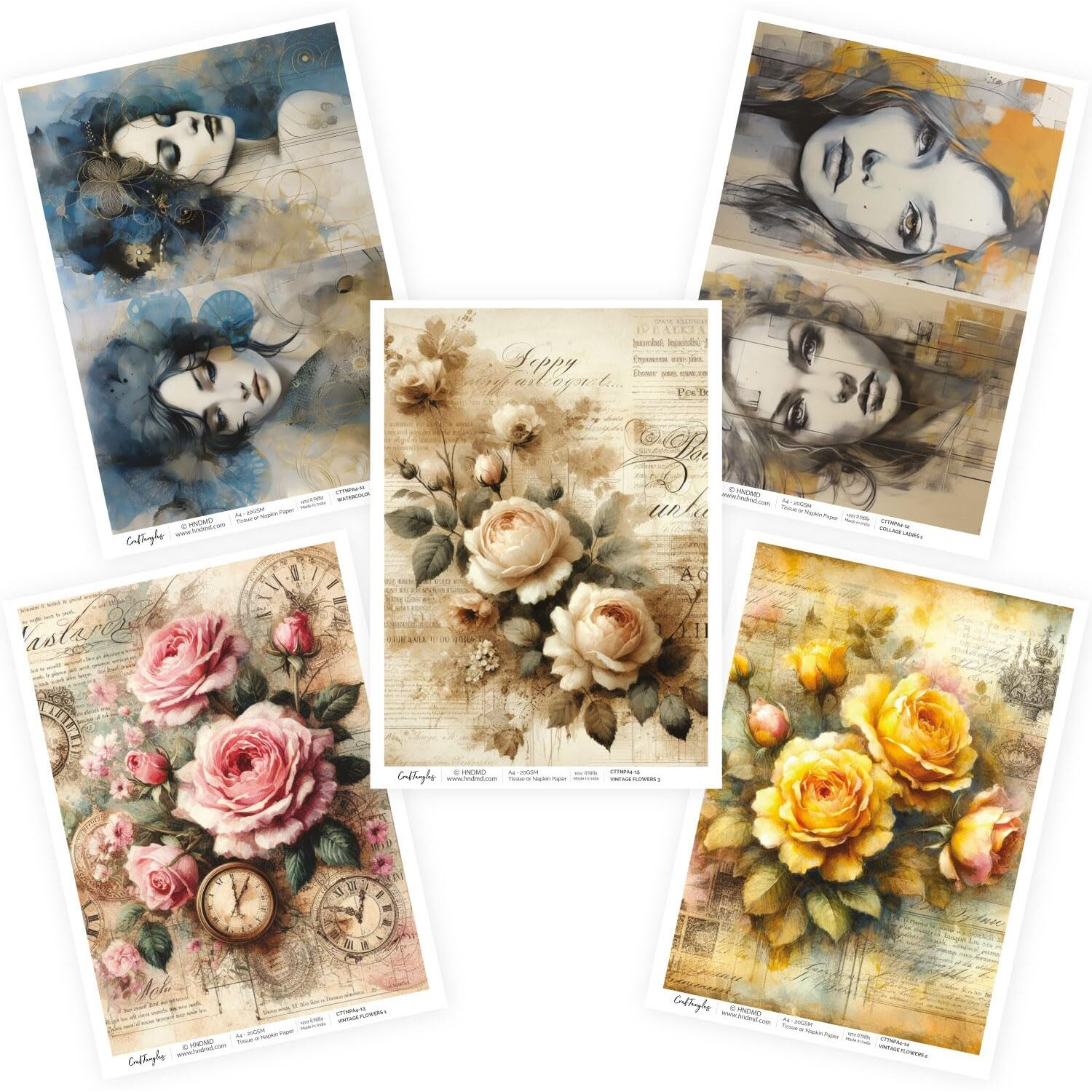 Craftangles Decoupage Napkin / Tissue / Collage Paper - Combo 3 (Pack Of 5)