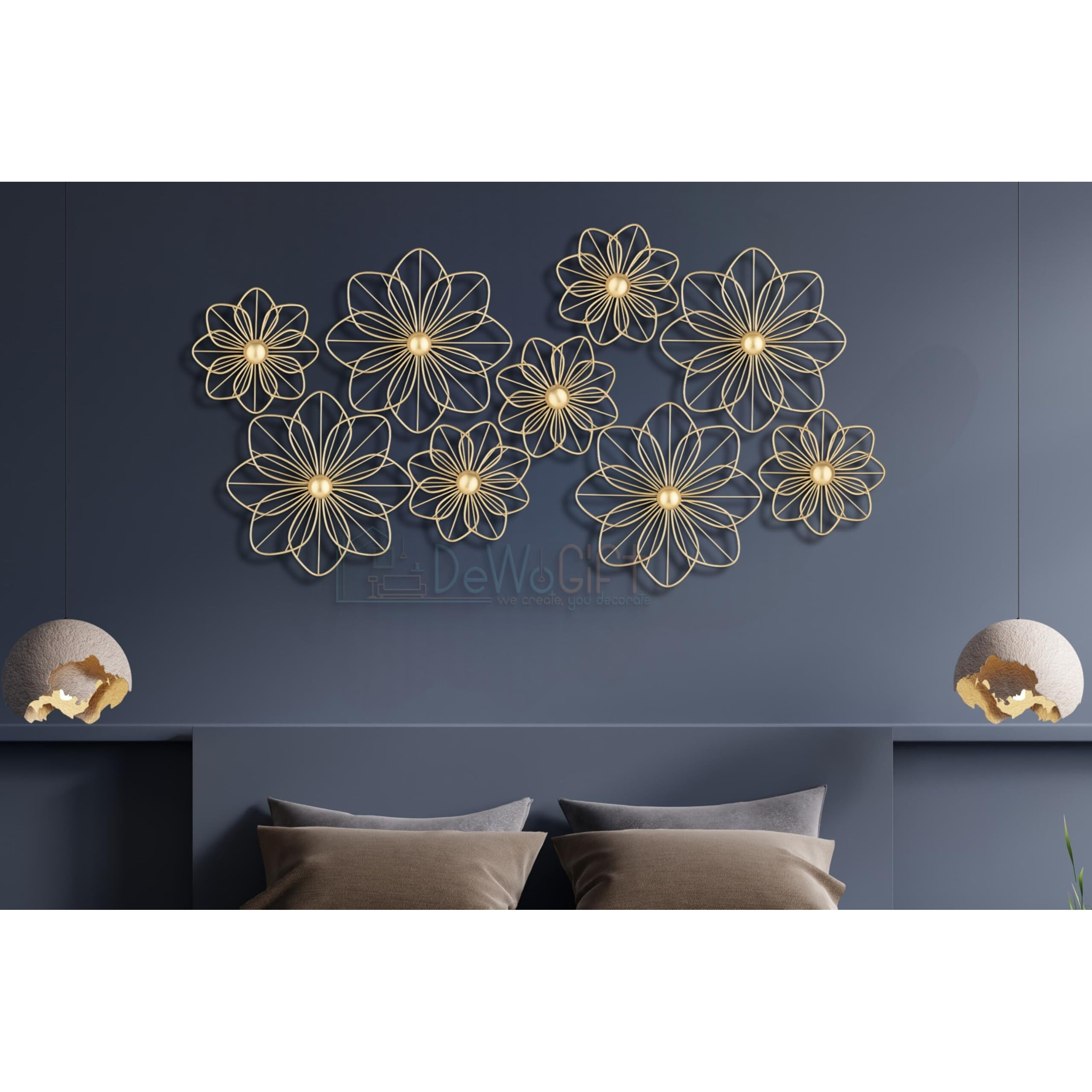 Dewogift Metal Wall Decor/Floral Wall Art/Wall Sculpture/Hanging For Living Room, Office, Bedroom, Hotel Set Of 9 (Gold)