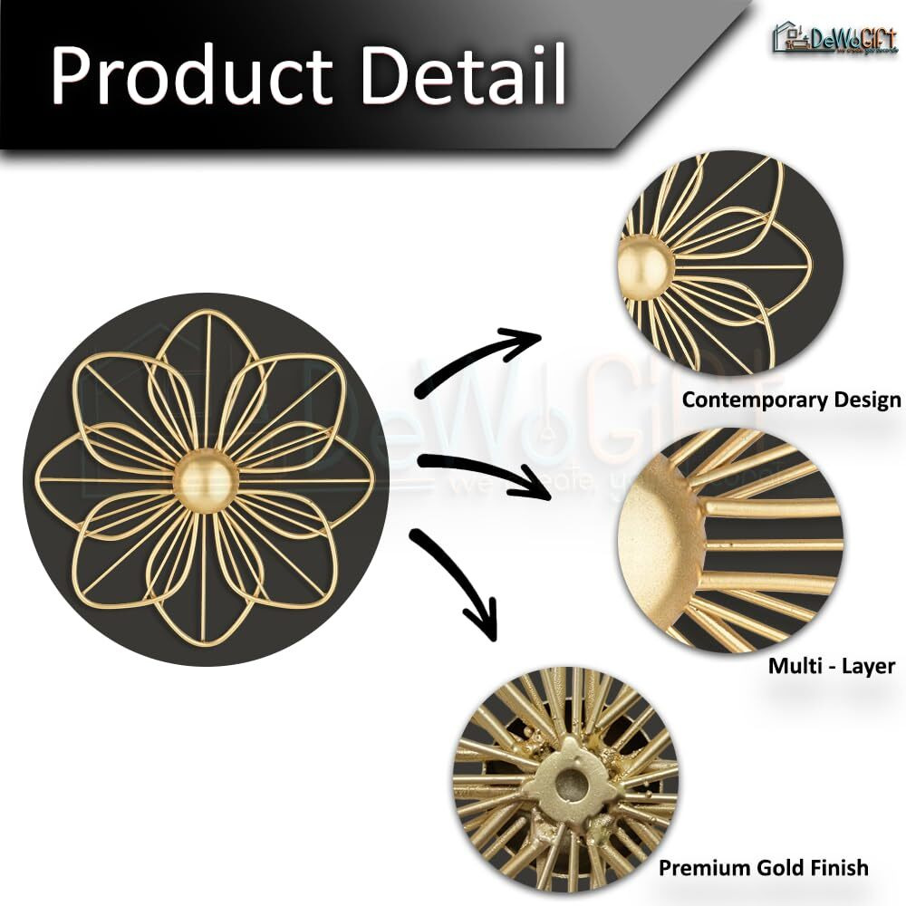 Dewogift Metal Wall Decor/Floral Wall Art/Wall Sculpture/Hanging For Living Room, Office, Bedroom, Hotel Set Of 9 (Gold)