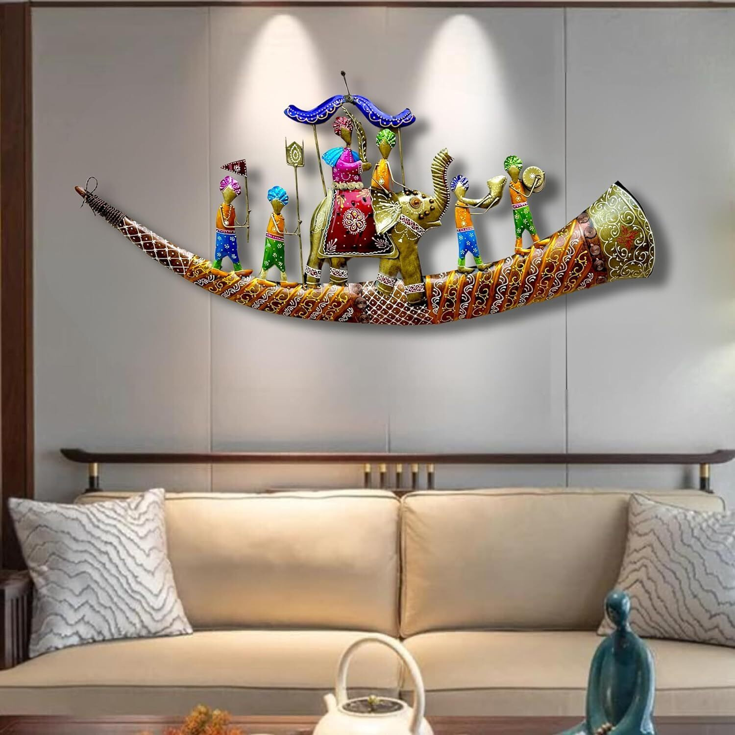 Anshika International Rajasthani Royal Baarat With Led Metal Abstract Figures Handcrafted Wall Sculpture Wall Art For Home Decoration, Living Room, Dining Room & Bedroom (Size 46X19 Inch)