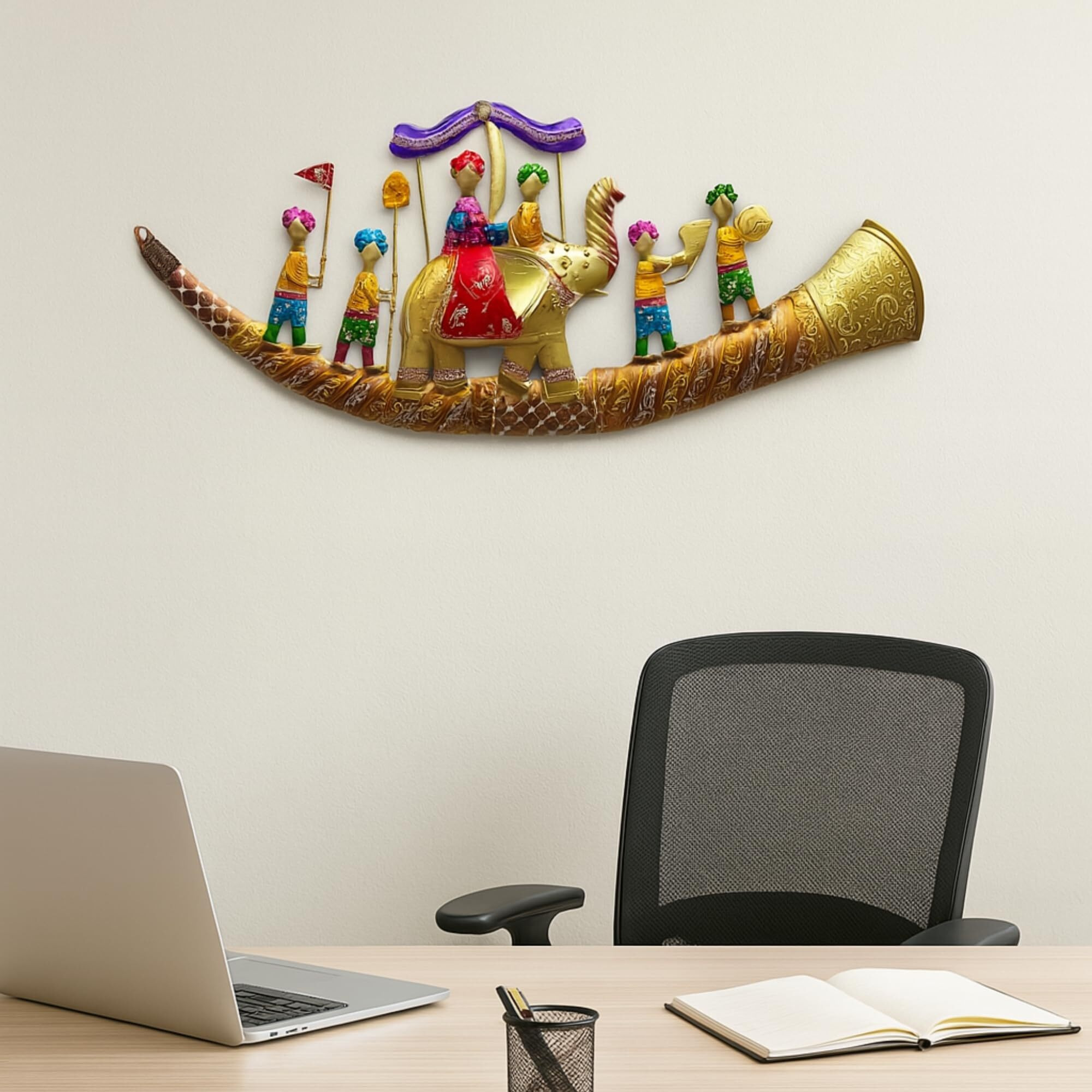 Anshika International Rajasthani Royal Baarat With Led Metal Abstract Figures Handcrafted Wall Sculpture Wall Art For Home Decoration, Living Room, Dining Room & Bedroom (Size 46X19 Inch)