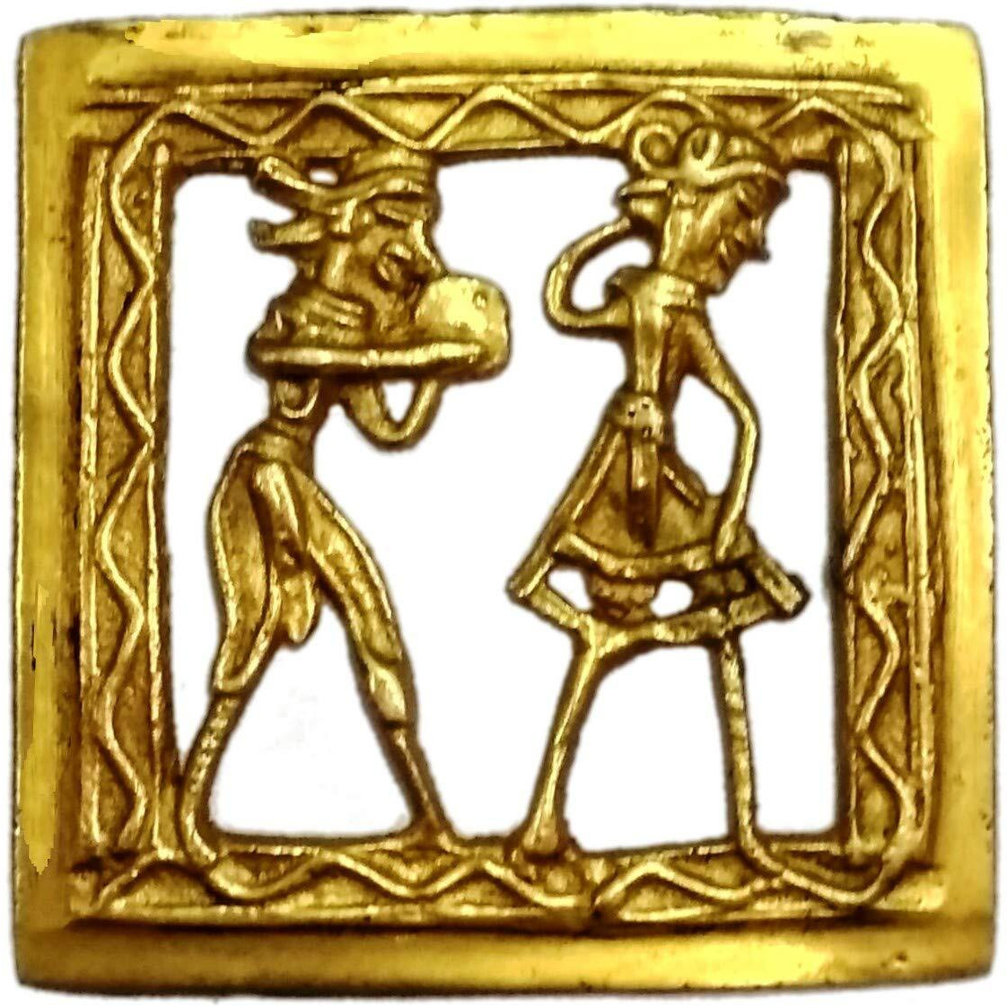 Purpledip Brass Wall Hanging Plaque 'Folk Dance' Dokra Craft Tribal Artform Square Plate Statue, 3 Inches, Gold (11436)