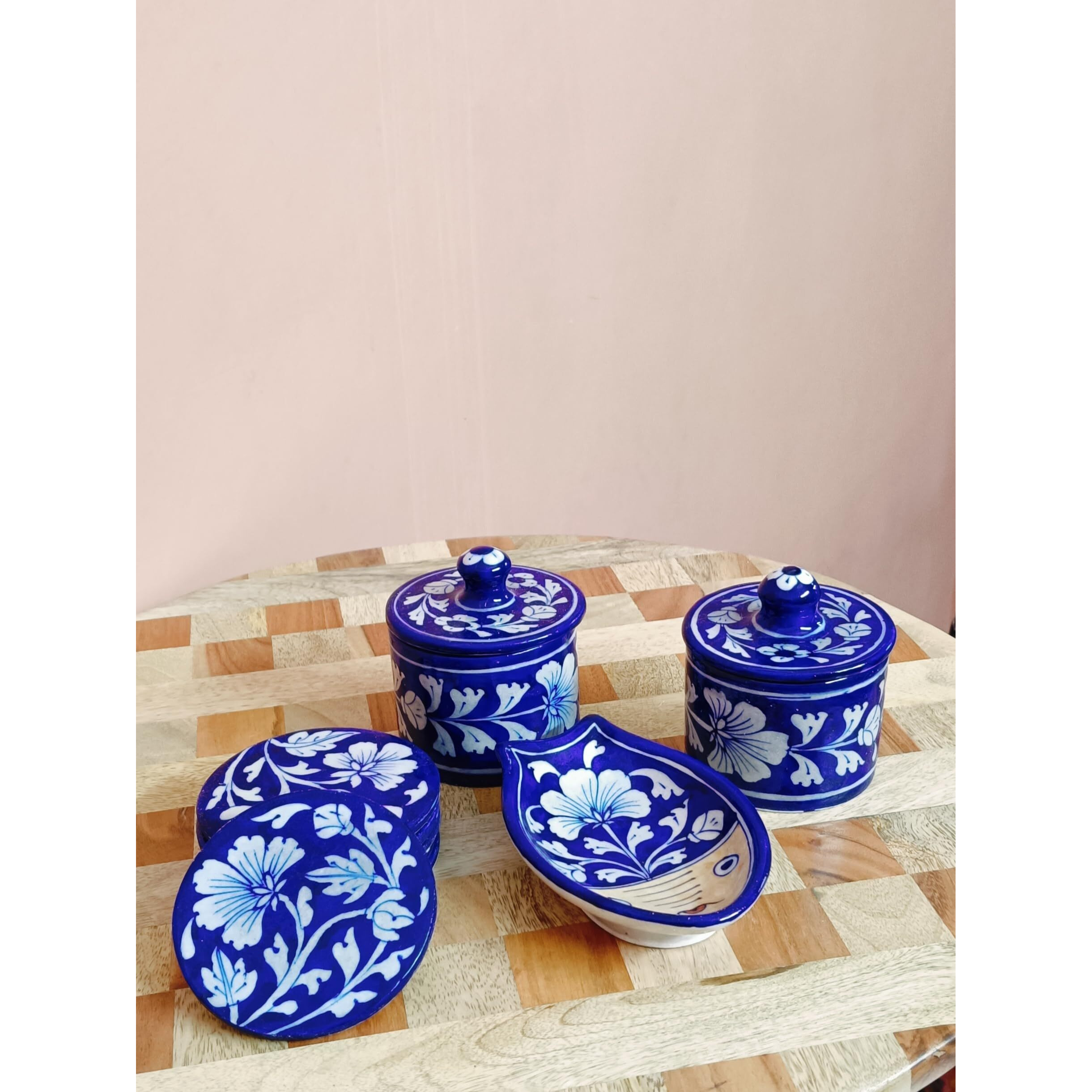 House Of Gulab Blue Pottery, 100% Handcrafted Blue Pottery With Gift Box, Eco Friendly Pottery For Kitchen & Bathroom (Dark Blue - Table Set)