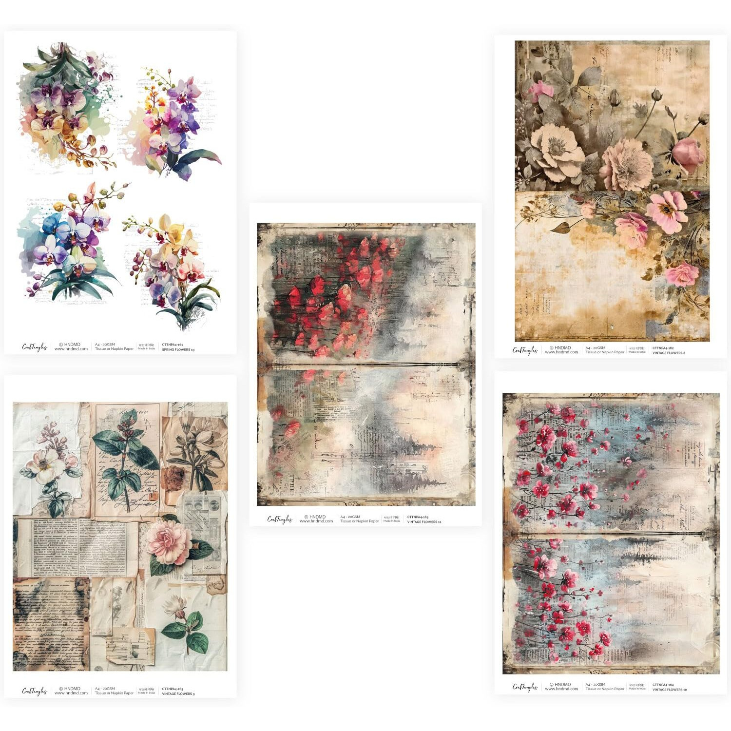 Craftangles Decoupage Napkin/Tissue/Collage Paper - Combo 33 (Pack Of 5)