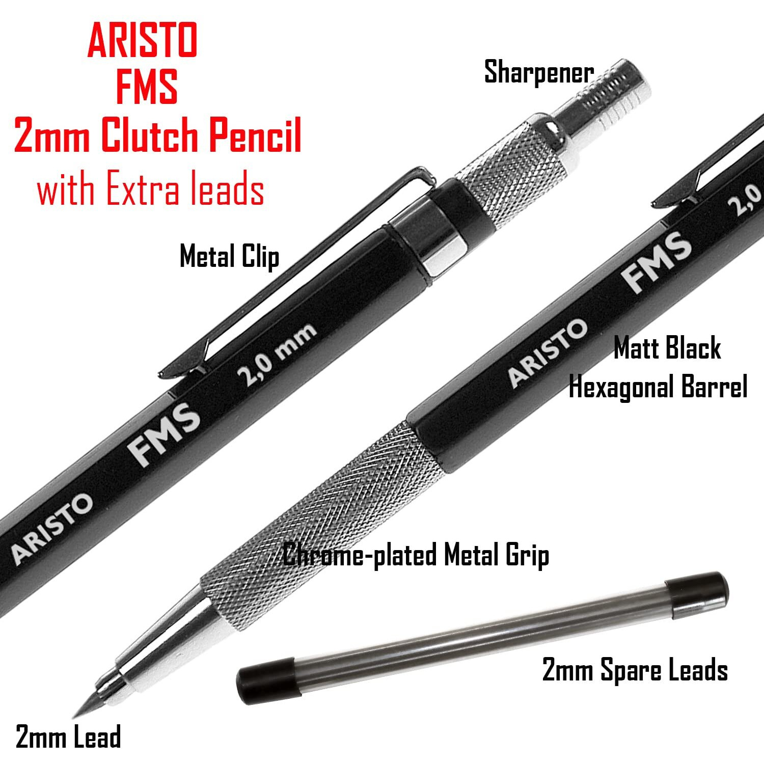 Aristo 2 Mm Mechanical Clutch Lead Click Pen Pencil | 6 Leads | Matt Black | Hexagonal Body | Fms Series | Ideal For Smooth Writing Drafting Drawing Sketching Artist