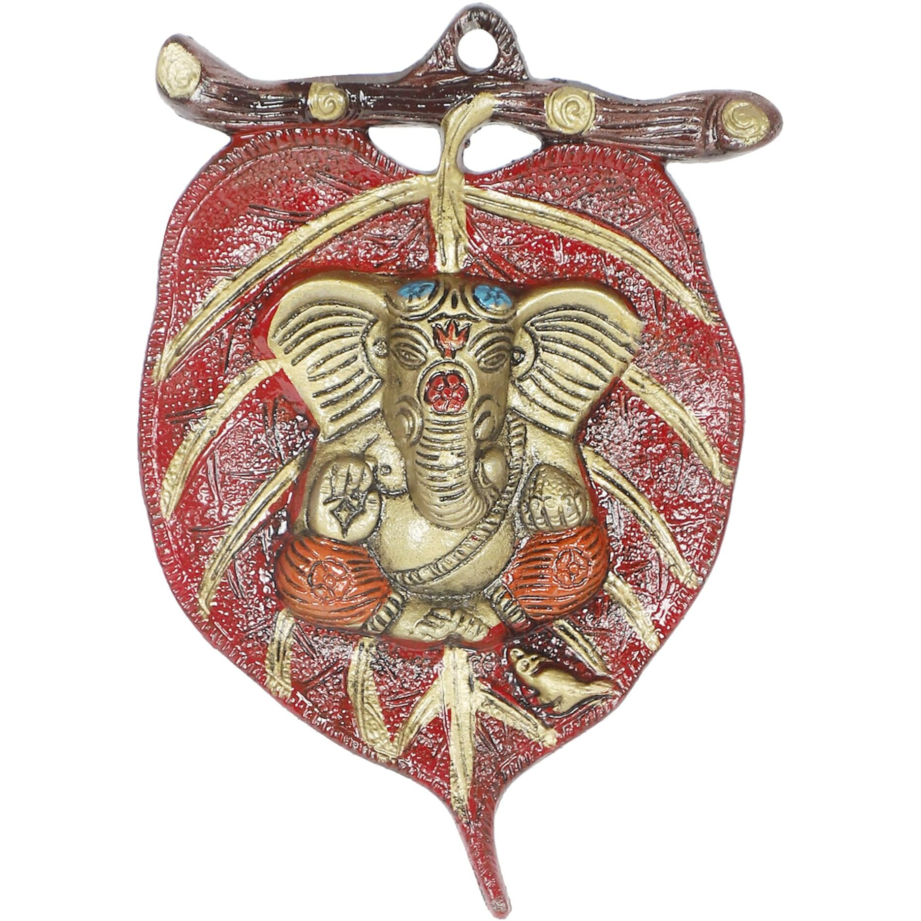 Two Moustaches Ganesha On Red Patta Wall Hanging, Multicolour, Metal