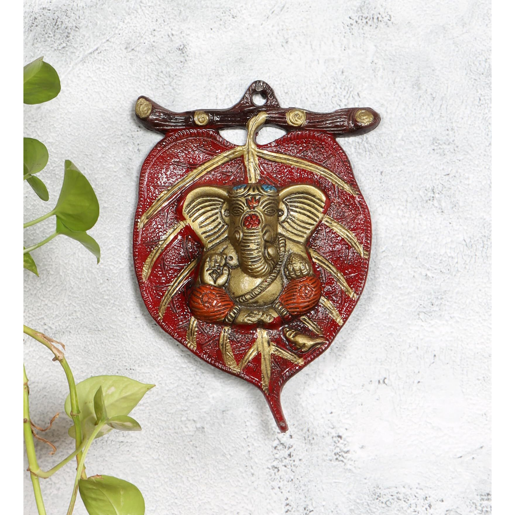 Two Moustaches Ganesha On Red Patta Wall Hanging, Multicolour, Metal