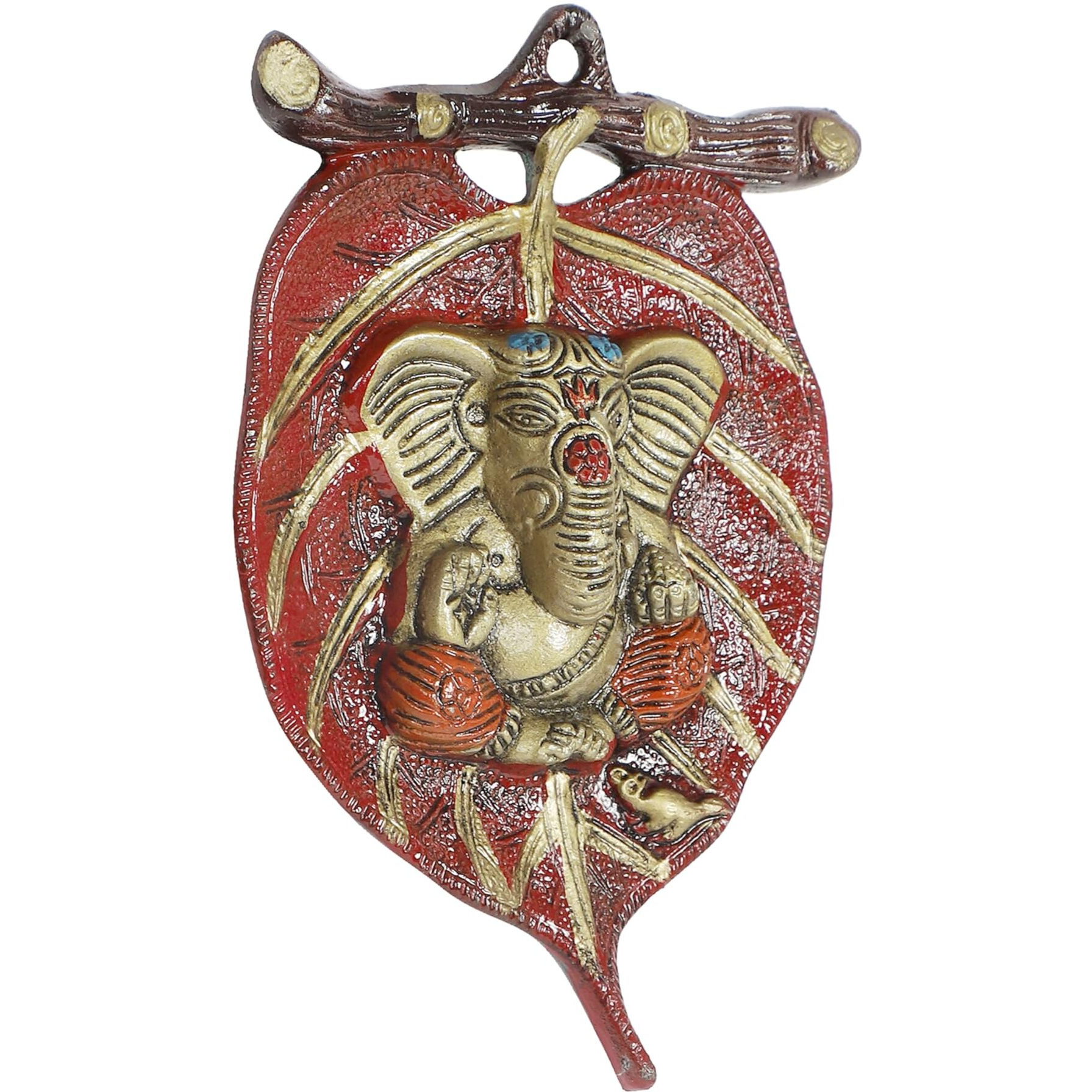 Two Moustaches Ganesha On Red Patta Wall Hanging, Multicolour, Metal