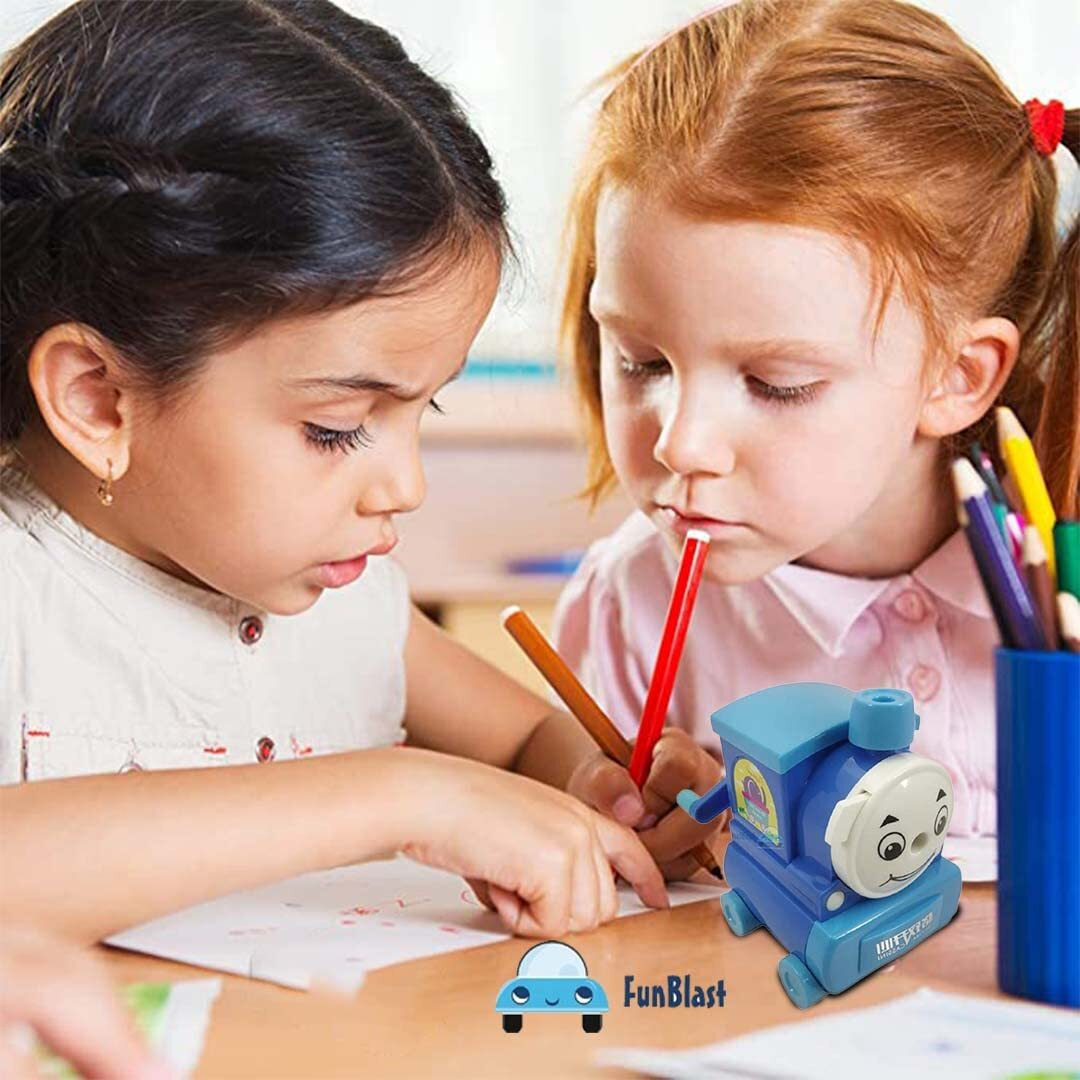 Funblast Kids Train Shaped Pencil Sharpener With Moving Wheels, Blue