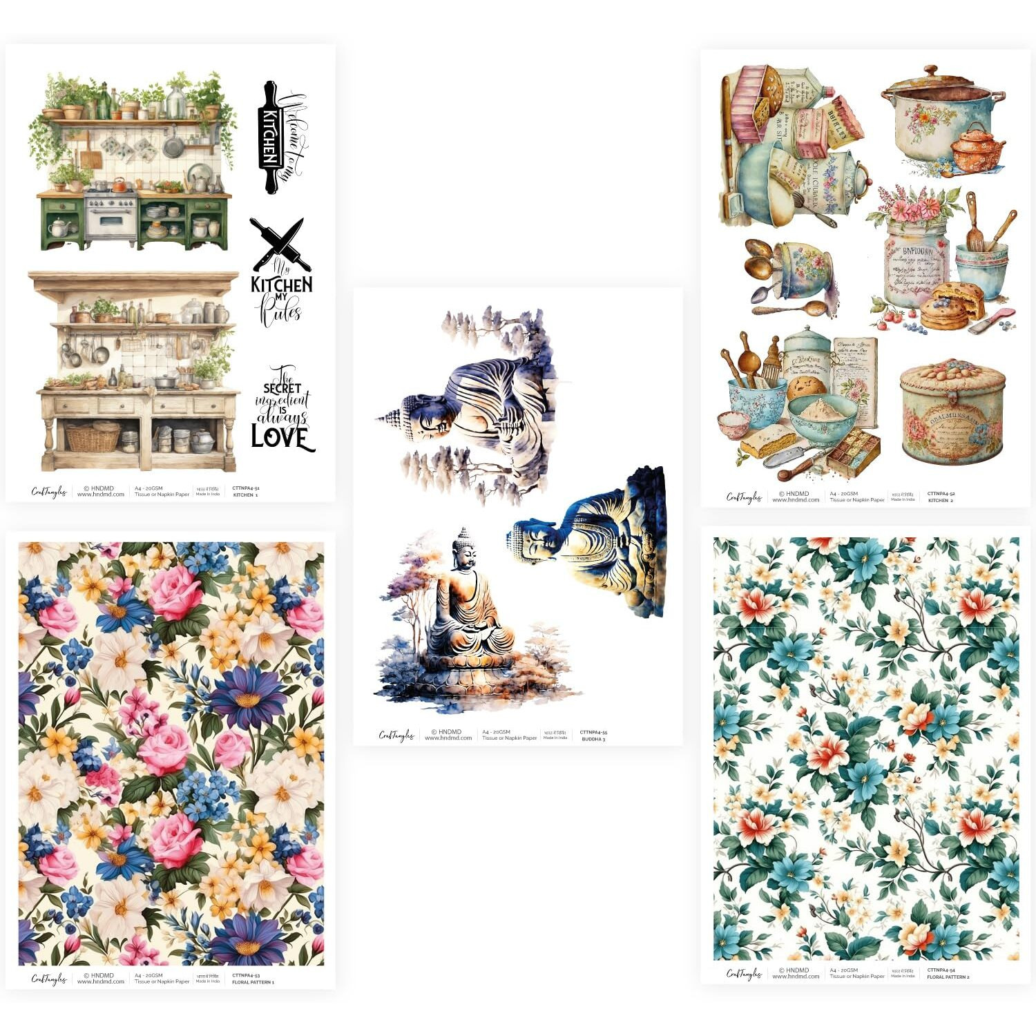 Craftangles Decoupage Napkin / Tissue / Collage Paper - Combo 11 (Pack Of 5)