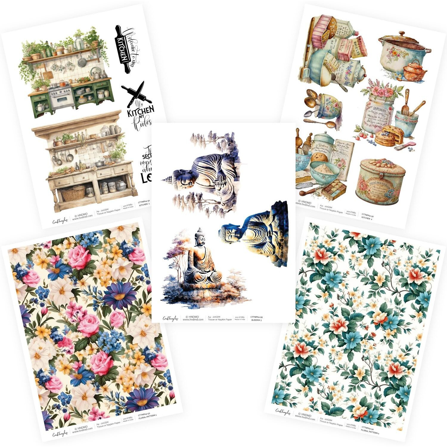 Craftangles Decoupage Napkin / Tissue / Collage Paper - Combo 11 (Pack Of 5)