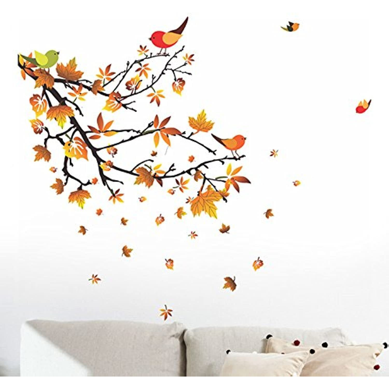 Decals Design 'Autumn Leaves And Birds' Wall Sticker (Pvc Vinyl, 50 Cm X 70 Cm, Multicolour)