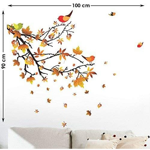 Decals Design 'Autumn Leaves And Birds' Wall Sticker (Pvc Vinyl, 50 Cm X 70 Cm, Multicolour)