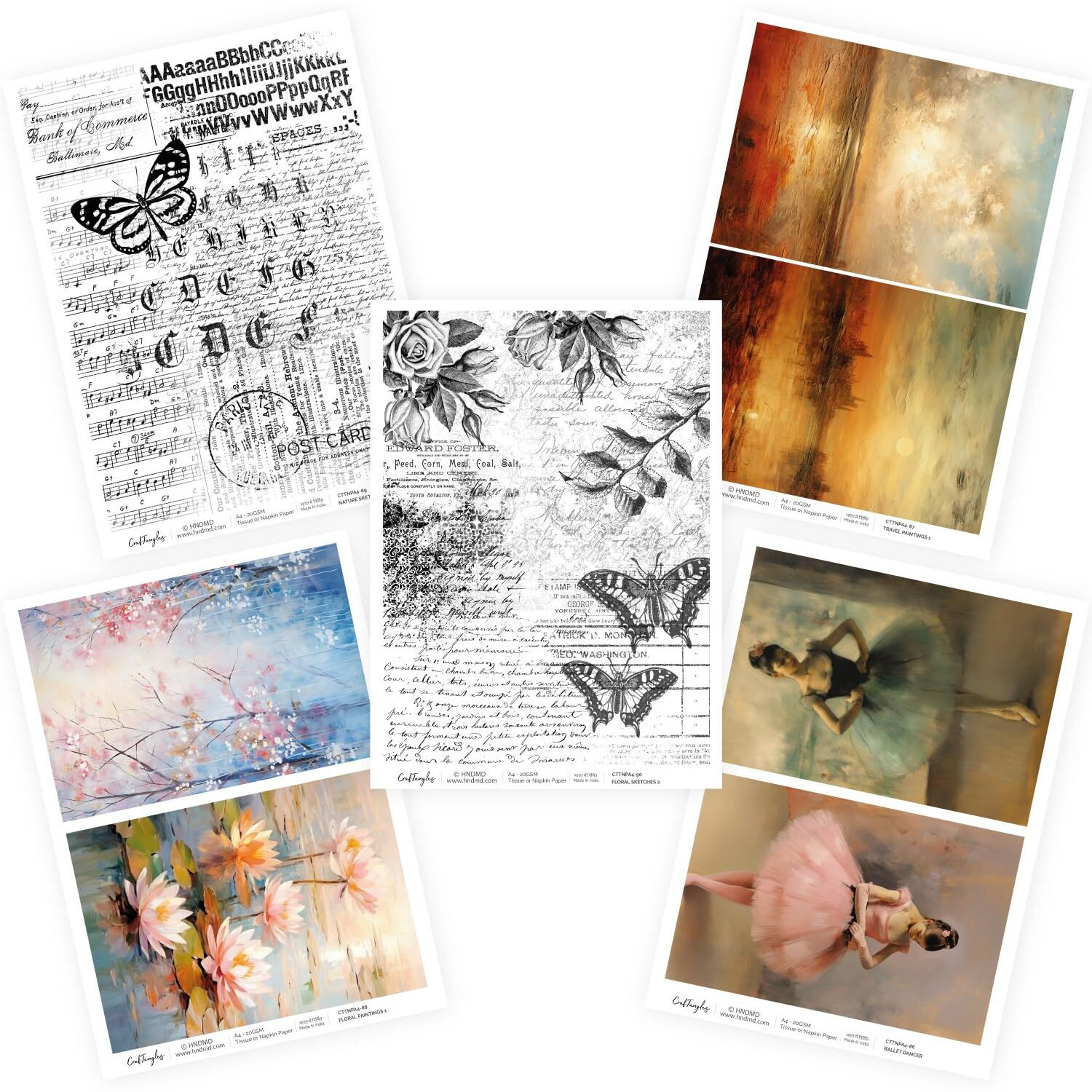 Craftangles Decoupage Napkin / Tissue / Collage Paper - Combo 18 (Pack Of 5)