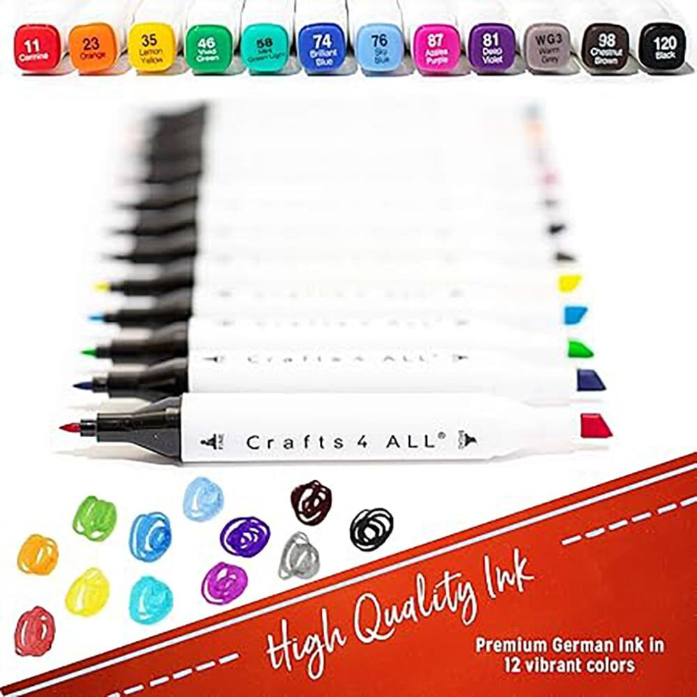 Crafts 4 All Fabric Markers Permanent Non Bleed-12 Pack Bright Dual Tip Stained Fine Writers Art Fabric Pens Child Safe,Water-Based & Non-Toxic.